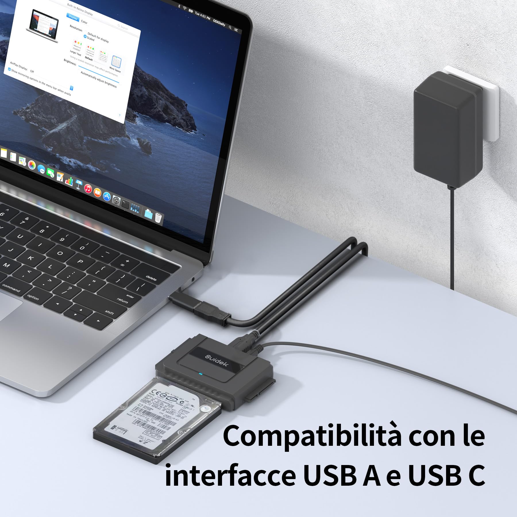SUIDEK Adattatore da USB C a SATA IDE, adattatore per disco rigido IDE esterno per disco rigido universale da 2,5/3,5 pollici HDD/SSD, kit convertitore SATA con adattatore di alimentazione 12V/2A