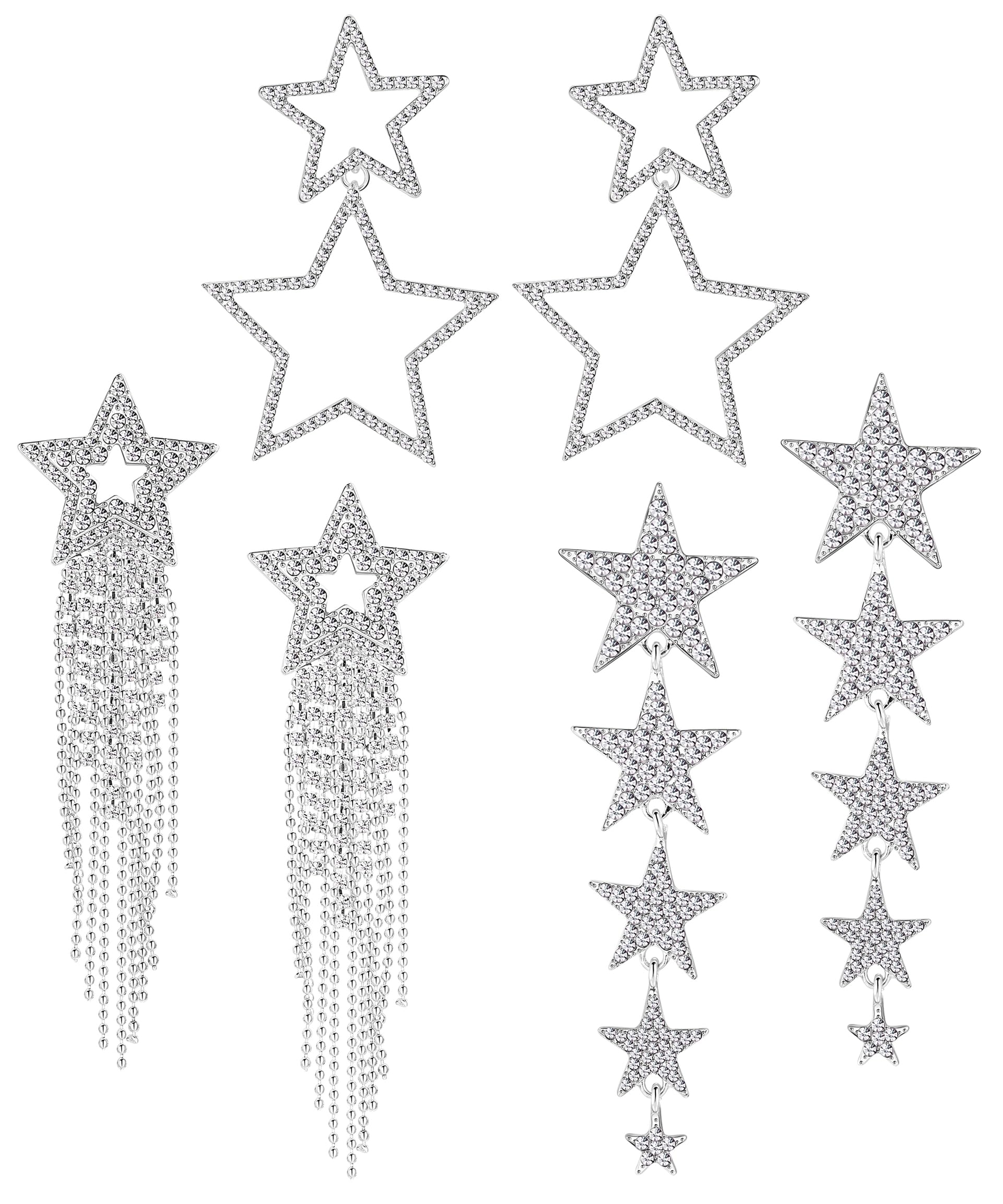 3 Pairs Star Earrings for Women Rhinestone Big Star Dangle Earrings Tassel Star Drop Earrings Crystal Earrings Jewelry