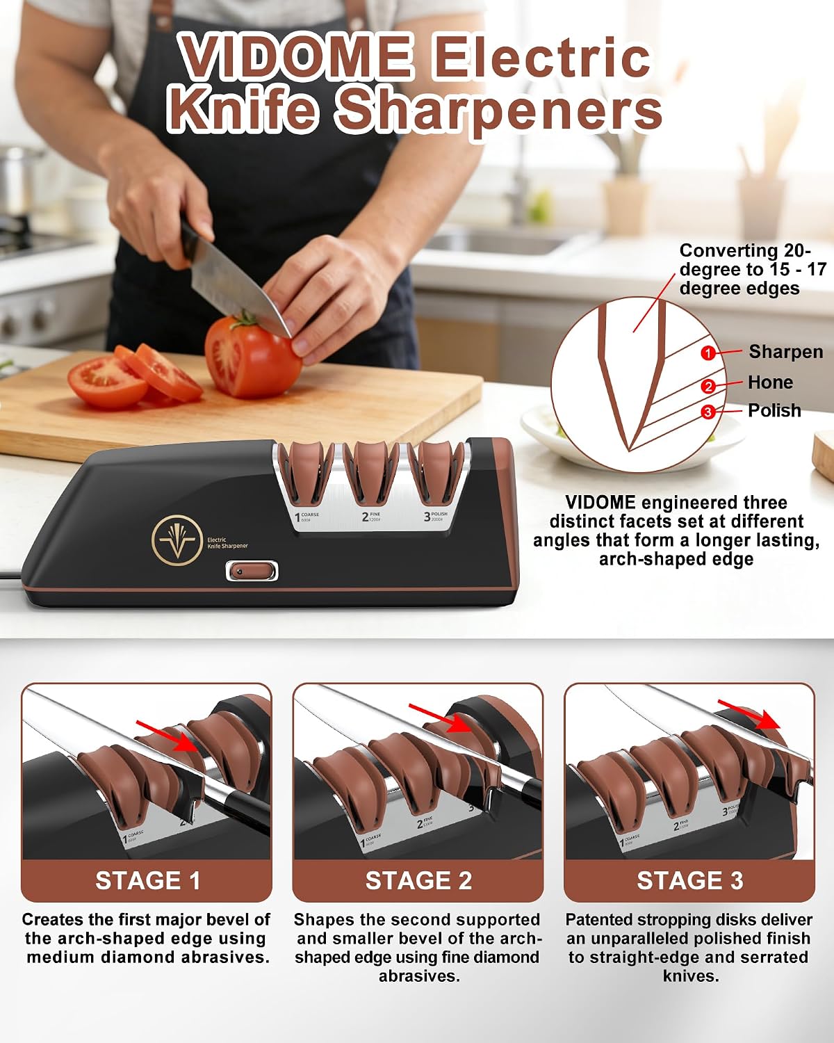 Electric Knife Sharpener Can Replace Sharpening Head | Easy to Change, 3-Stage, 15° Precision Angle, Diamond Sharpening System, Metal & Ceramic Knives, Exquisite Gifts & Packaging