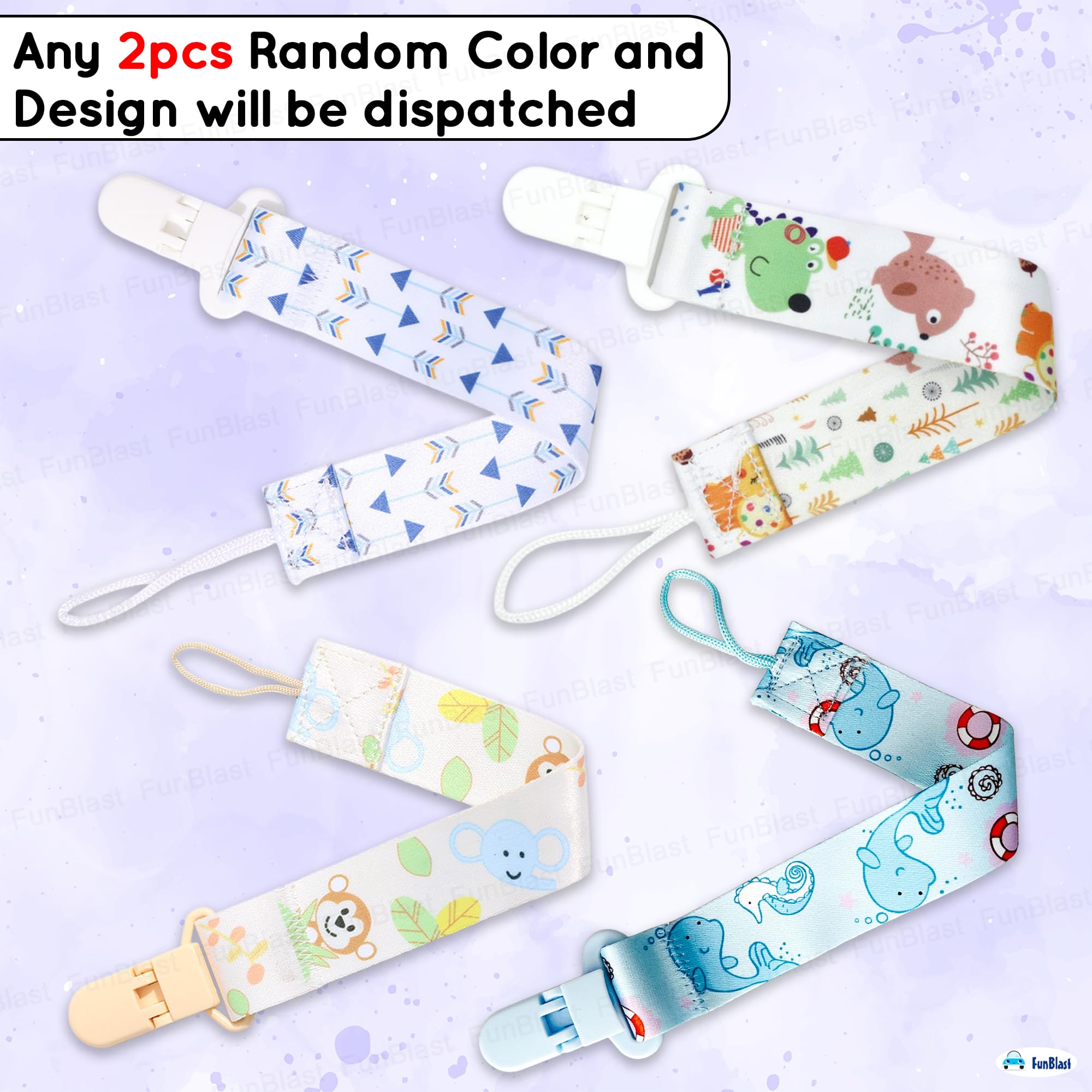 FunBlast Baby Pacifier Clips - Pack of 2 Universal Holder Leash for Teether Toy Teething Ring Soothie, Paci Holder with Clip for 0+ Months Babies, Newborn, Toddlers (Random Color and Design) - Image 4 thumbnail