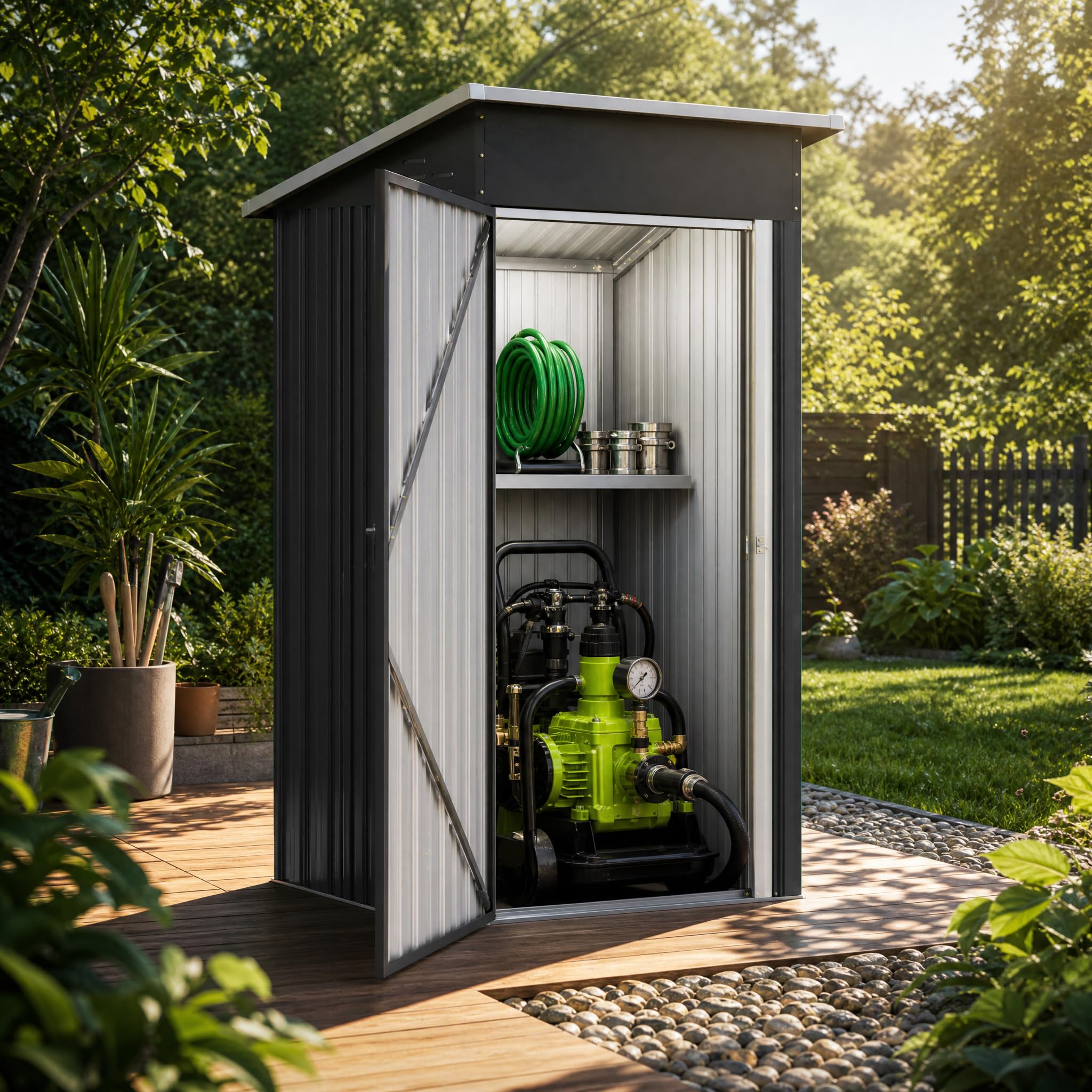 Gartenhaus Metall 96 x 75 x 185 cm Geräteschuppen wetterfest abschließbar mit Pultdach Gartenhütte Outdoor Werkzeuge Gartenschuppen Gerätehaus für Hinterhof, Terrasse, Rasen, Schwarz