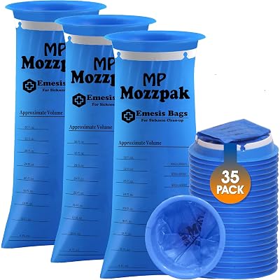 MP MOZZPAK Vomit Bags Disposable 35 Pack - 1000ml Emesis Bags, Leak-Proof Barf Bag, Travel Friendly Puke & Nausea Bag for Motion Sickness, Medical Grade Throw up Relief for Car
