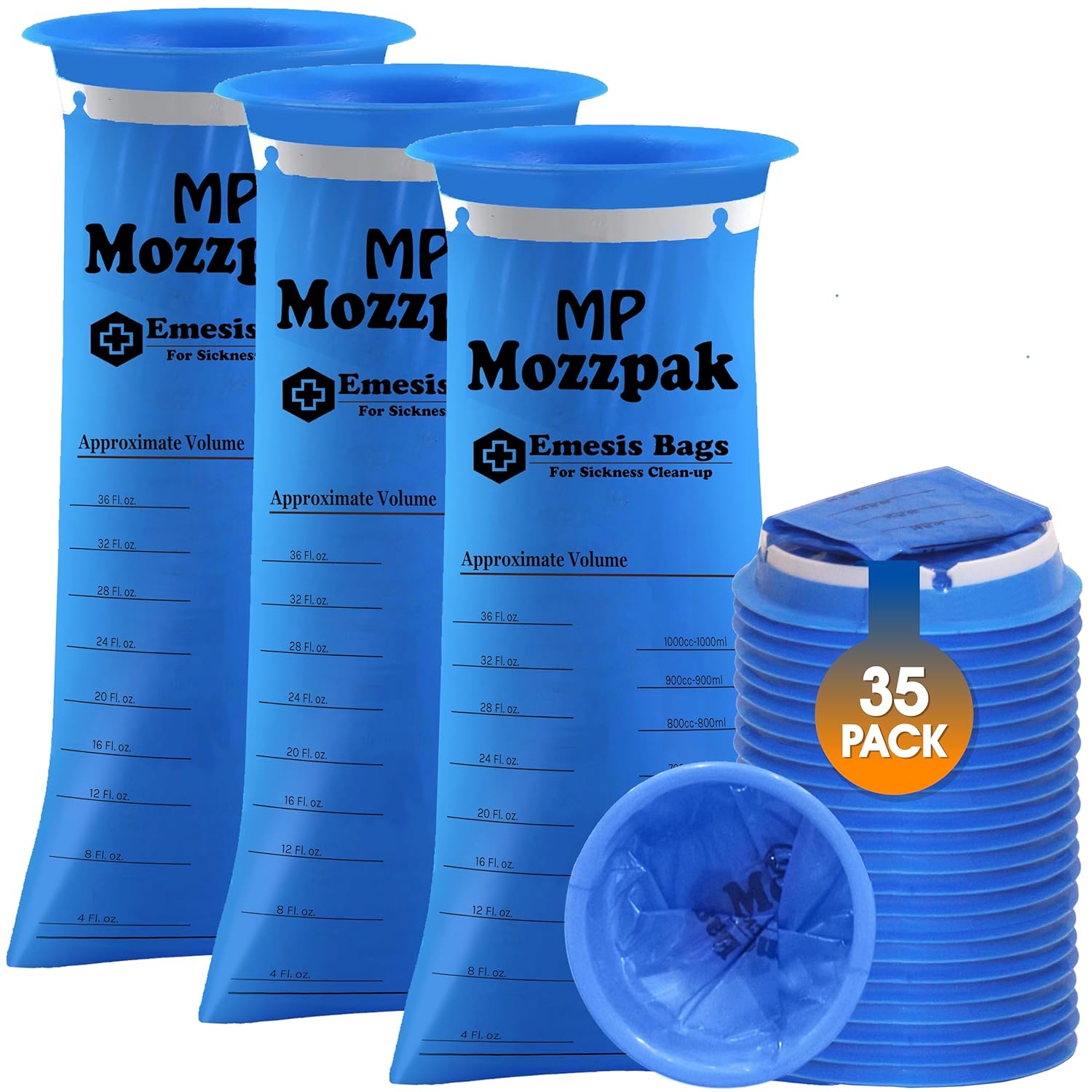 MP MOZZPAK Vomit Bags Disposable 35 Pack - 1000ml Emesis Bags Leak-Proof Barf Bag Travel Friendly Puke Nausea