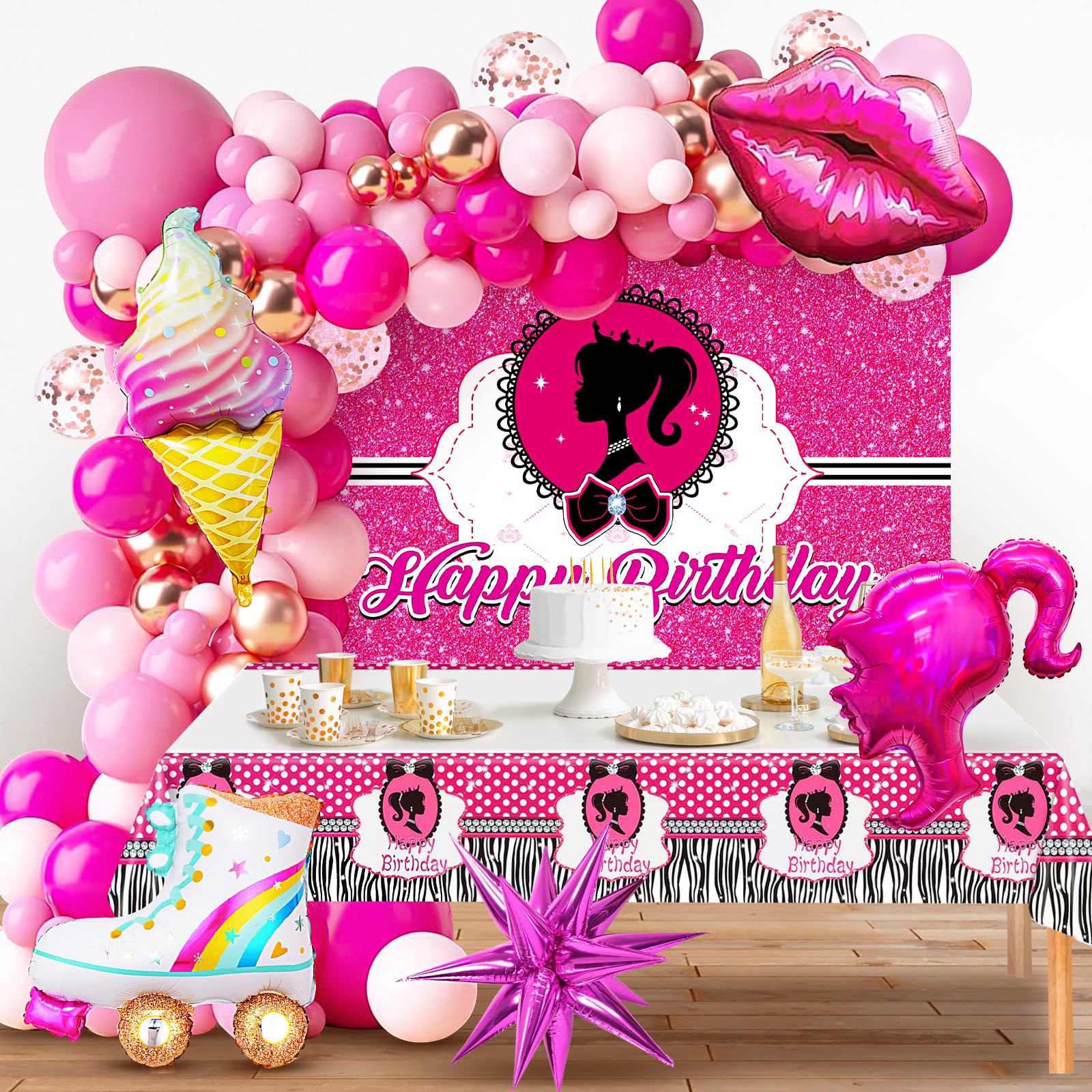 FALUCKYY Hot Pink Birthday Party Decorations for Girls Women, Birthday Decorations with 71 Inch Tablecloth 60 Inch BackDrop,4D Aluminum Foil Balloon