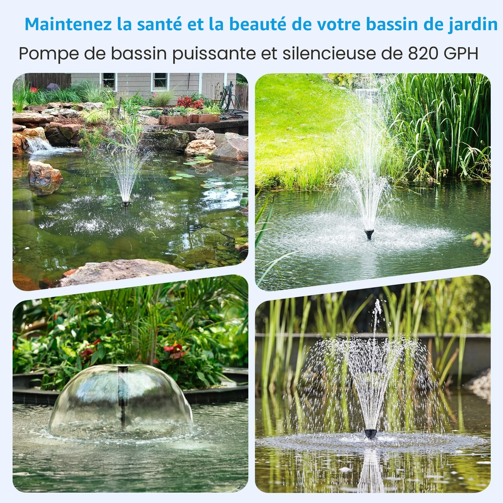 Pompe de bassin avec filtre et kit fontaine, 60W 3100L/H, filtre pour bassins extérieurs, propre pour koï