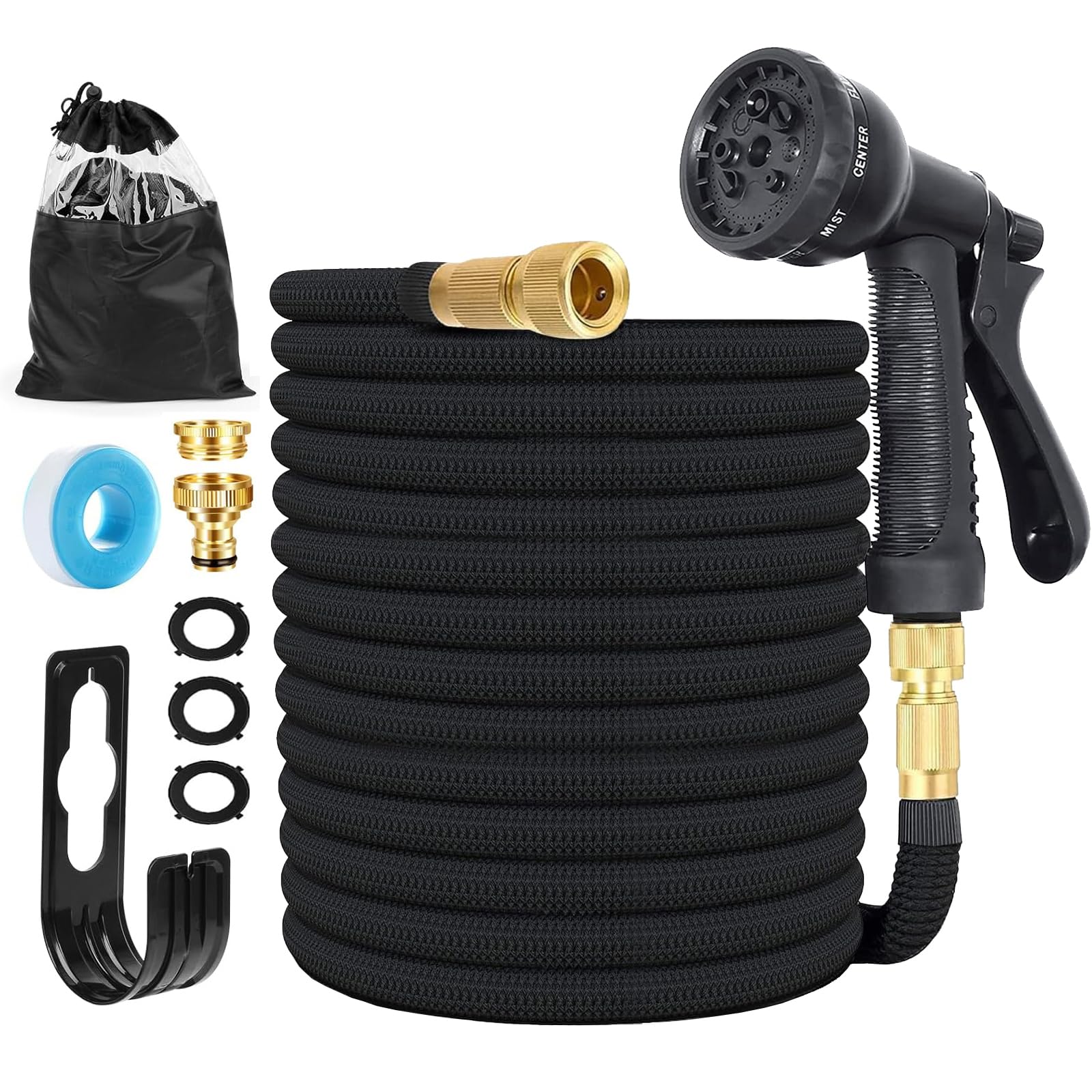 Tubo da Giardino Estensibile, 8 Funzioni di Spruzzo Acqua con Pistola, Adatto per rubinetti da 1/2" e 3/4" per giardino, irrigazione, pulizia con Gancio e Borsa per Conservazione