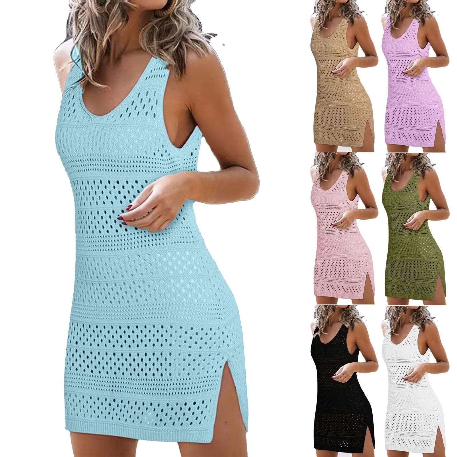 WAVDSYB Beach Coverups for Women Sexy Crochet Swim Dresses Swimsuit Cover Up Bathing Suit Summer Swimwear Knit(#05 Blue,S)
