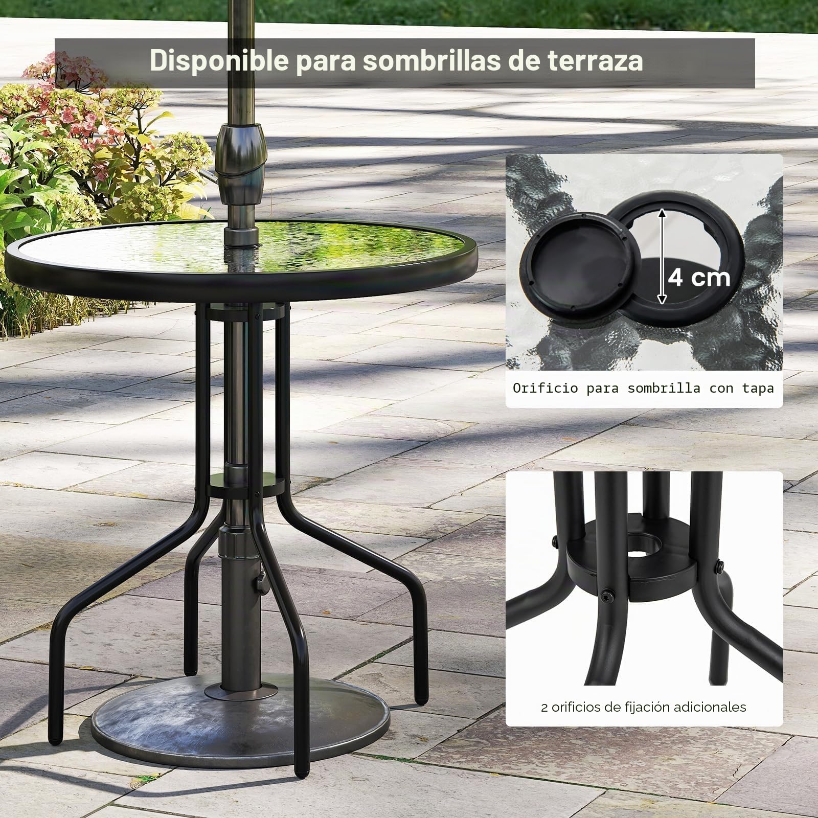FANTASK Mesa de bistró con Tablero de Cristal Templado, 70 x 70 x 71 cm, Mesa Redonda para balcón, Mesa de Comedor al Aire Libre para terraza, Lacado Negro
