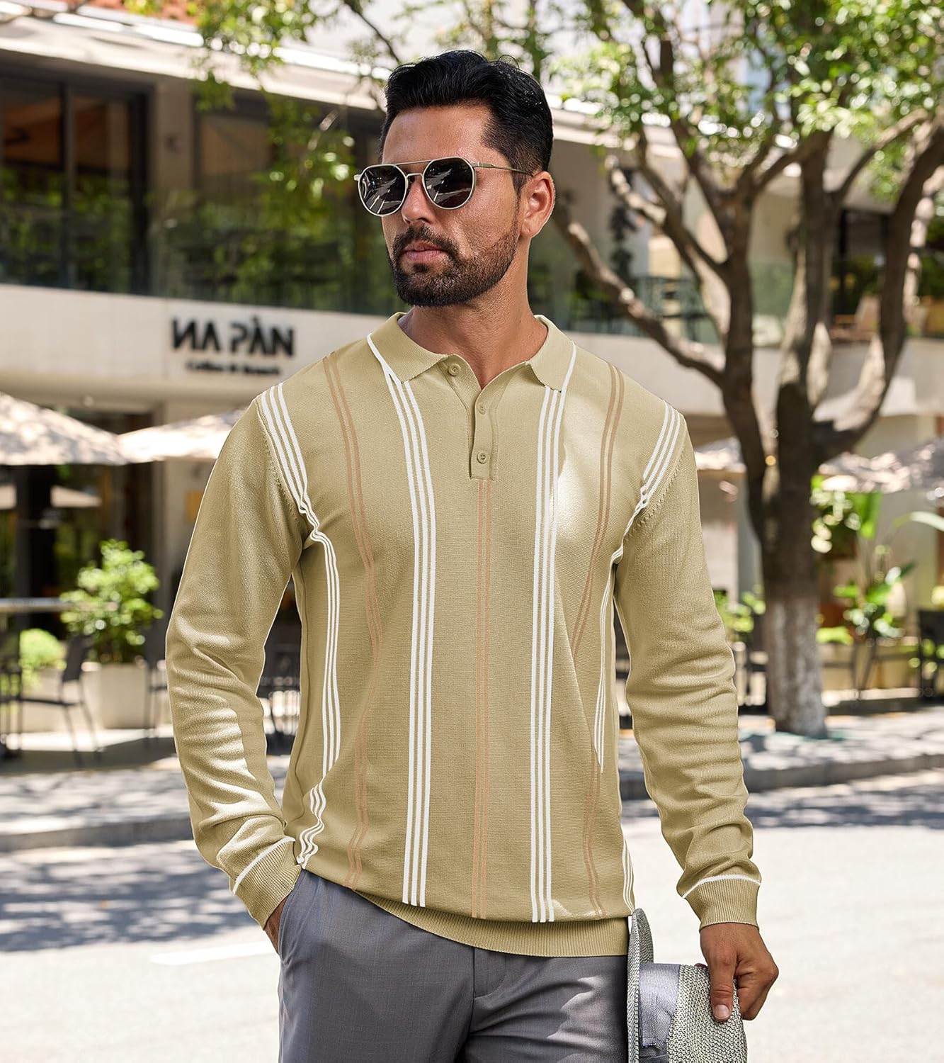 Lexiart Mens Knit Polo Shirt Striped Dressy Thermal Basic Button Collar Long Sleeve Sweater - Image 6