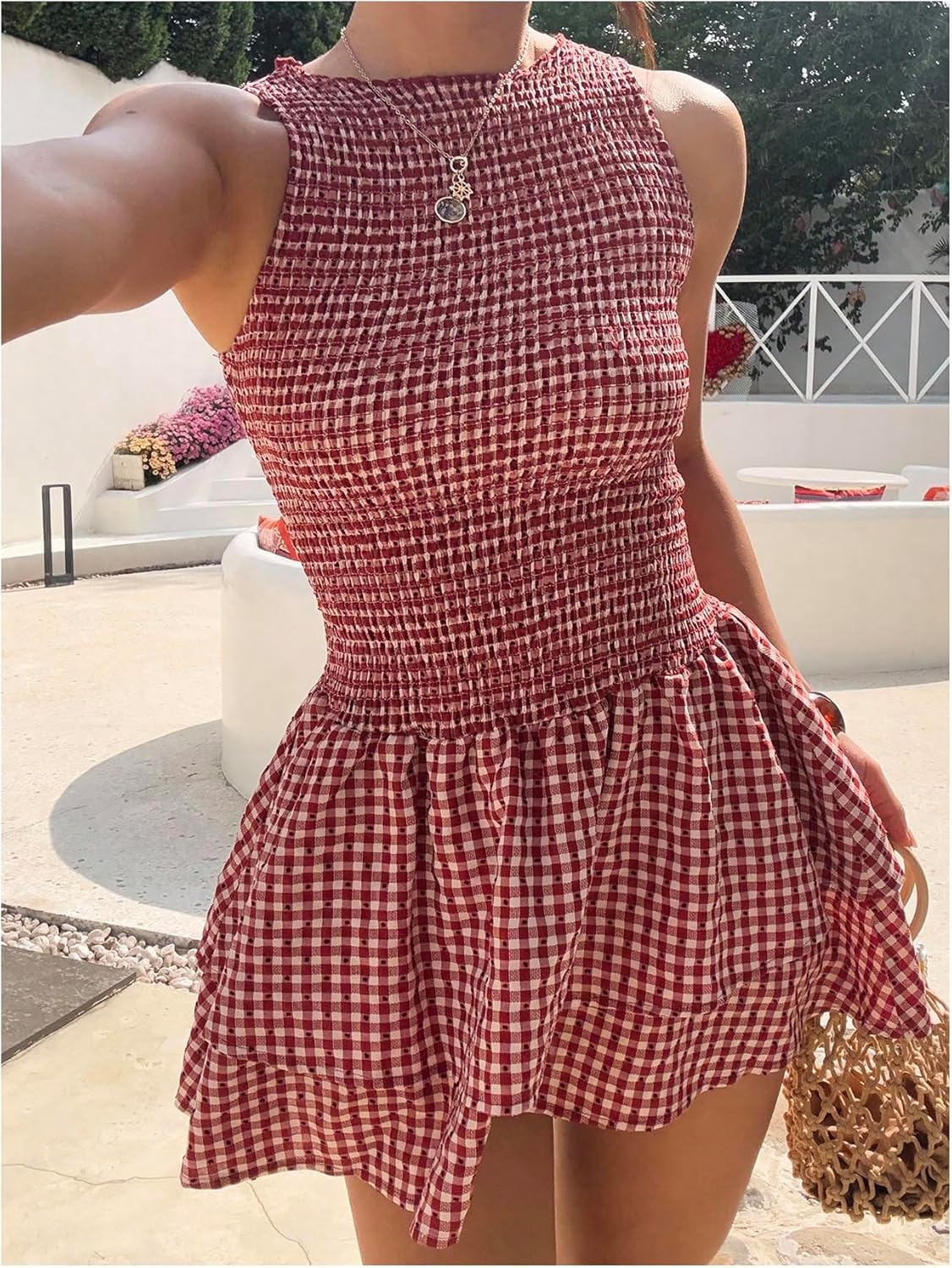 SOLY HUX Women's Gingham Mini Dress Plaid Sleeveless Layered Ruffle Smocked A Line Summer Tank Dresses - Image 3
