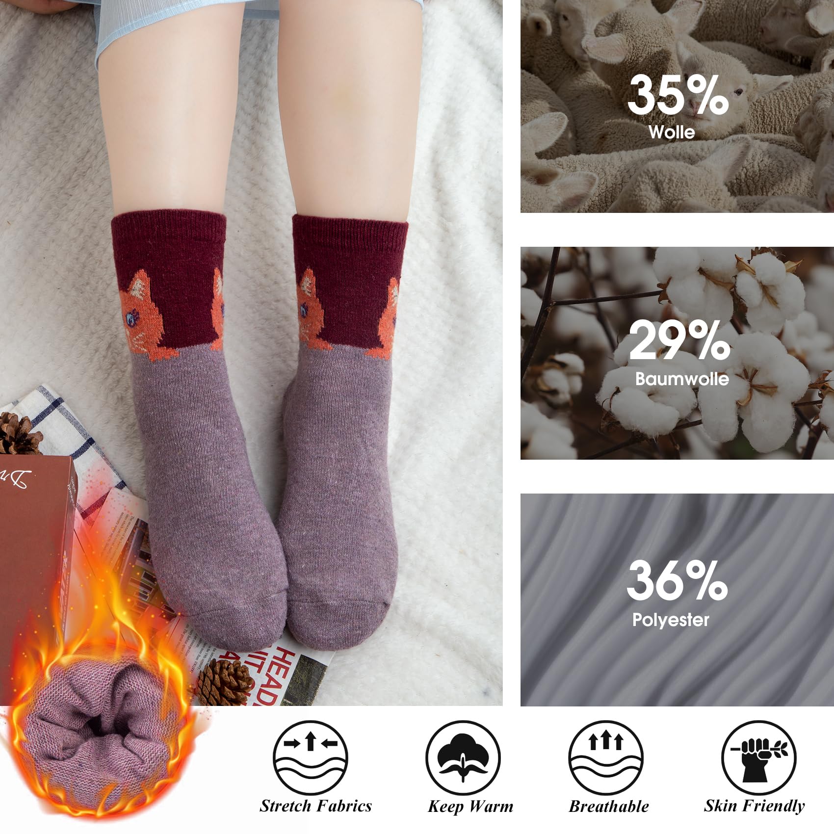 YSense Snug 5 Paia di Calze Calde Invernali da Donna - Calze di Lana Comode per Escursionismo, Multicolore