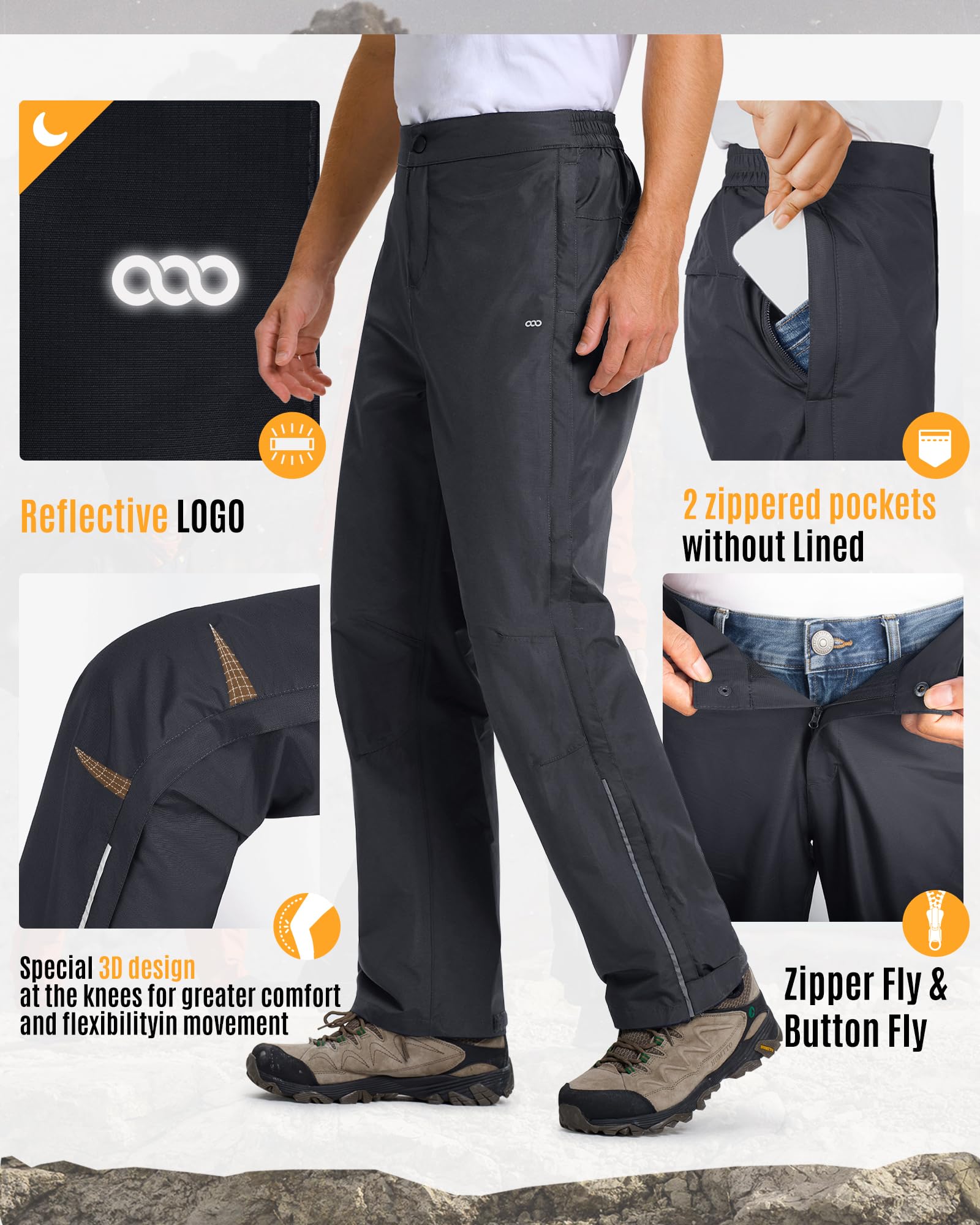 33,000ft Pantalones de lluvia para hombre, impermeables, con cremallera completa, transpirables, de 2 capas, para bicicleta, resistentes al viento, pantalones funcionales con bolsillos