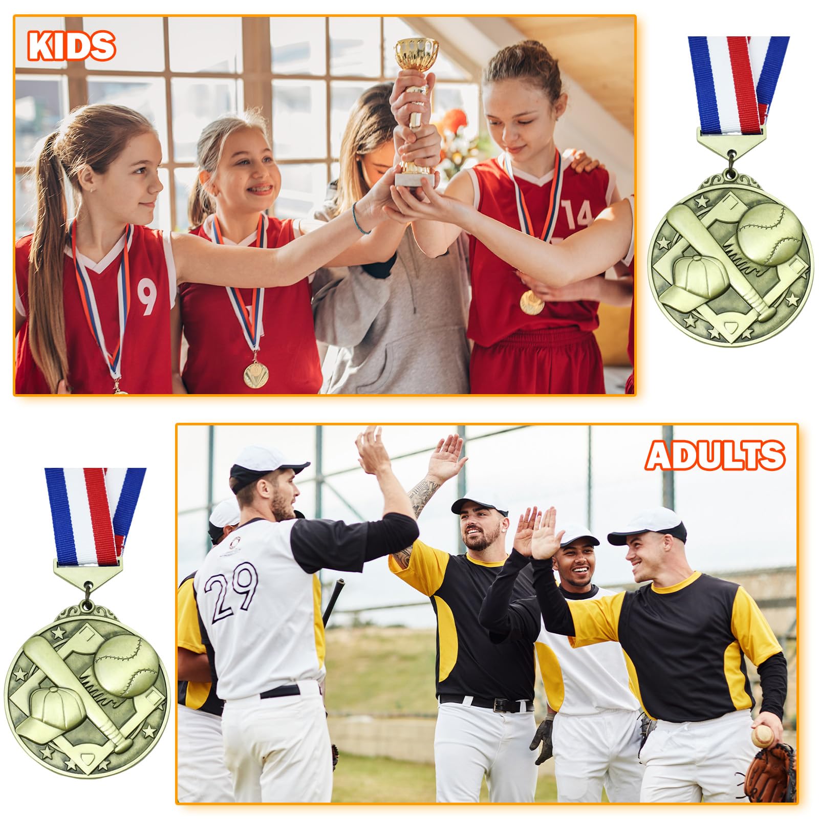 6-pak nagród medali ze wstążkami na szyję, baseball softball, złote medale, trofea za udział drużyny, nagrody psychiczne, upominki imprezowe na zawody sportowe, prezent na uroczystość