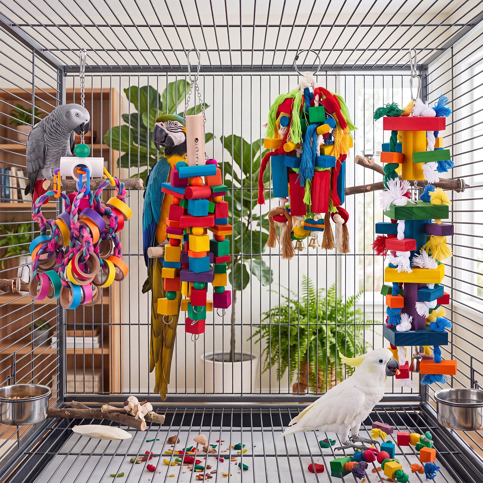 Seenelling 4 piezas extra grandes de juguete para loros de madera natural multicolor, juguetes masticables para guacamayos grandes y medianos, cacatúas, pájaros grises africanos (mezclado)