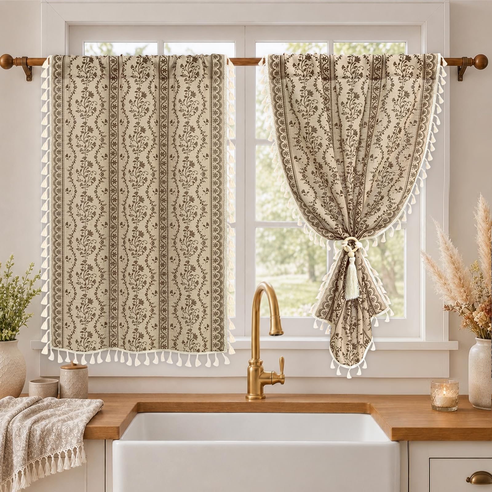 Yinhua Boho Kitchen Curtains 36 Inch Length Vintage Linen Cafe Curtains Light Filtering Bohemian Floral Tier Rod Pocket Farmhouse Rustic Tassel Small Drapes with Tiebacks, 2 Panels, Beige Brown