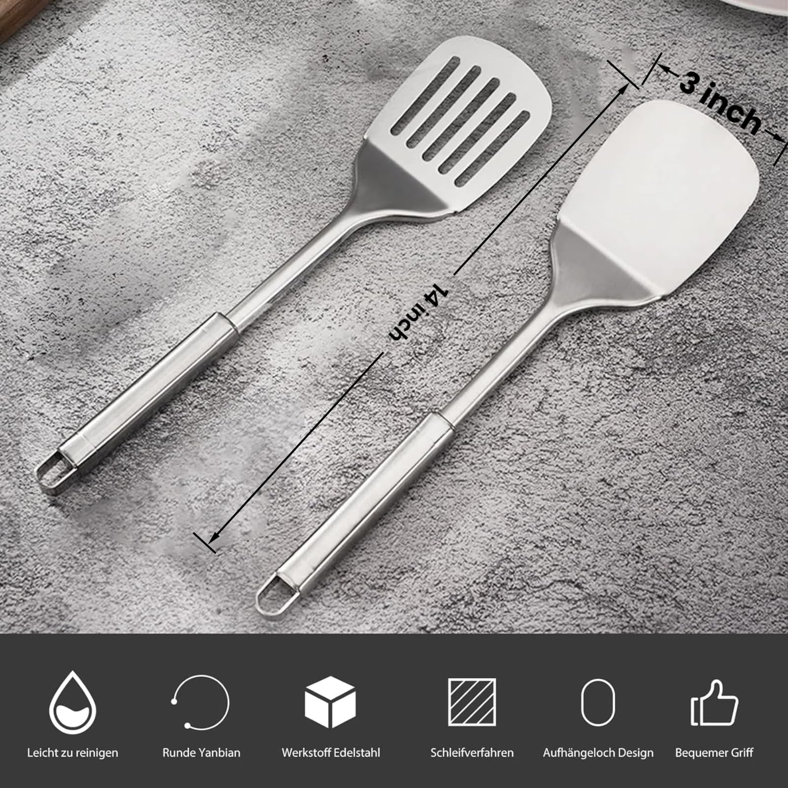 Juego de espátulas plateadas, espátulas de acero inoxidable de 13.5 pulgadas, espátulas de metal resistentes al calor para peces, huevos, panqueques. 2