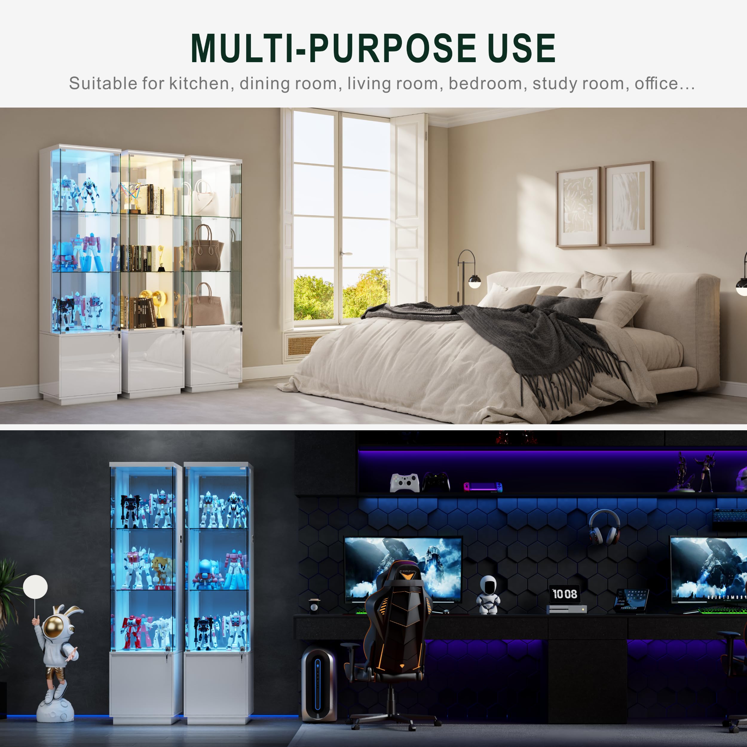 Lvifur Glasvitrine mit LED Beleuchtung und Schubladen,Vertikale Vitrine mit Intelligente Sensorik,Glas Holz Vitrinenschrank 3-Lagen Sammlervitrine für Sammlerstücke,Wein,Wohnzimmer,Schlafzimmer