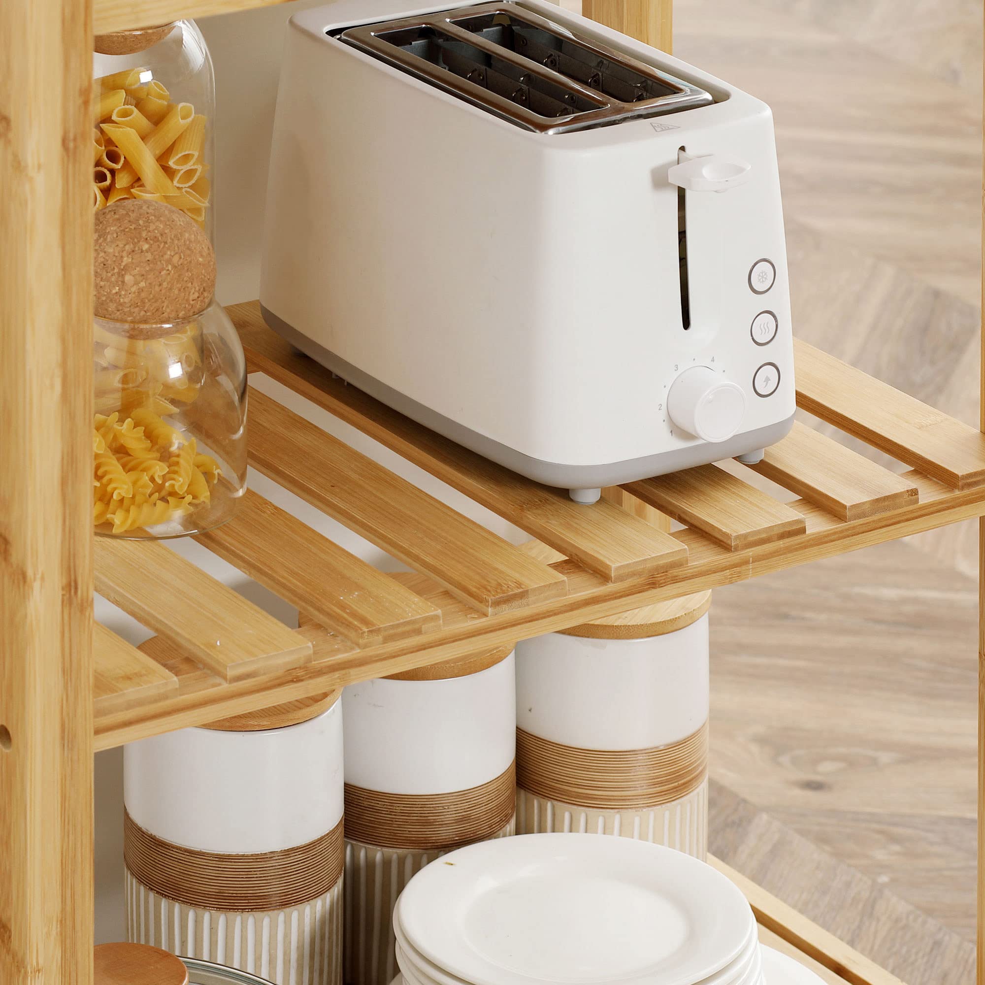 HOMCOM Carrito de cocina de bambú, carro de cocina ahorra espacio con tablero de acero inoxidable, cajón y estantes de láminas, carro frutero y verduras, para salón salón salón natural