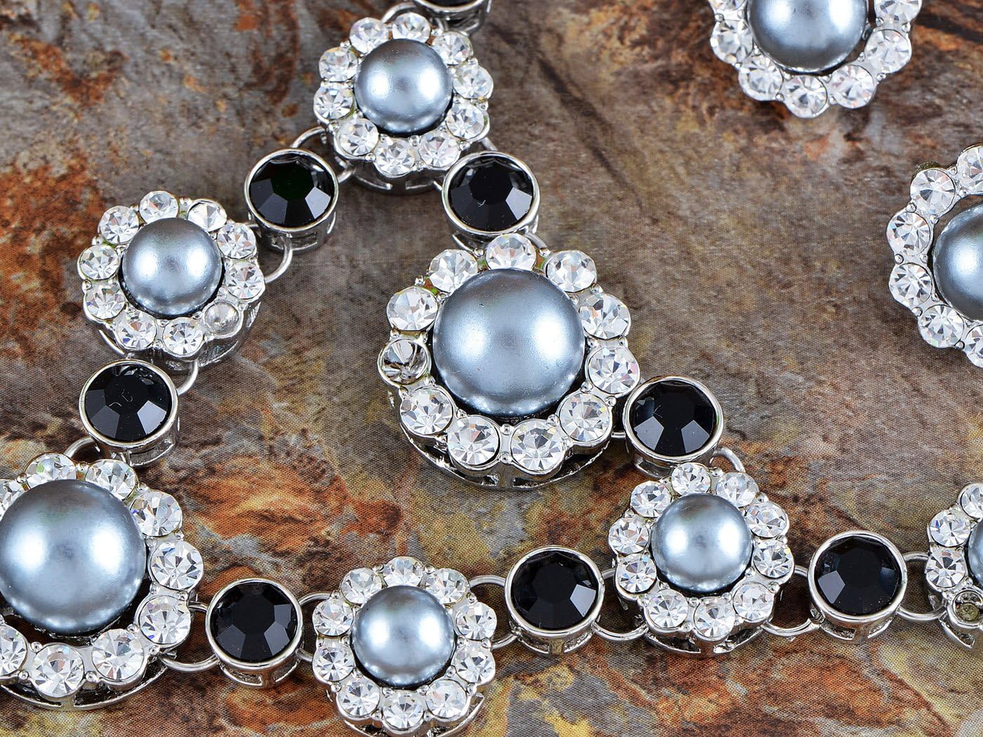 Alilang Black Grey Faux Pearl Sunflower Victorian Crystal Necklace Earring Set