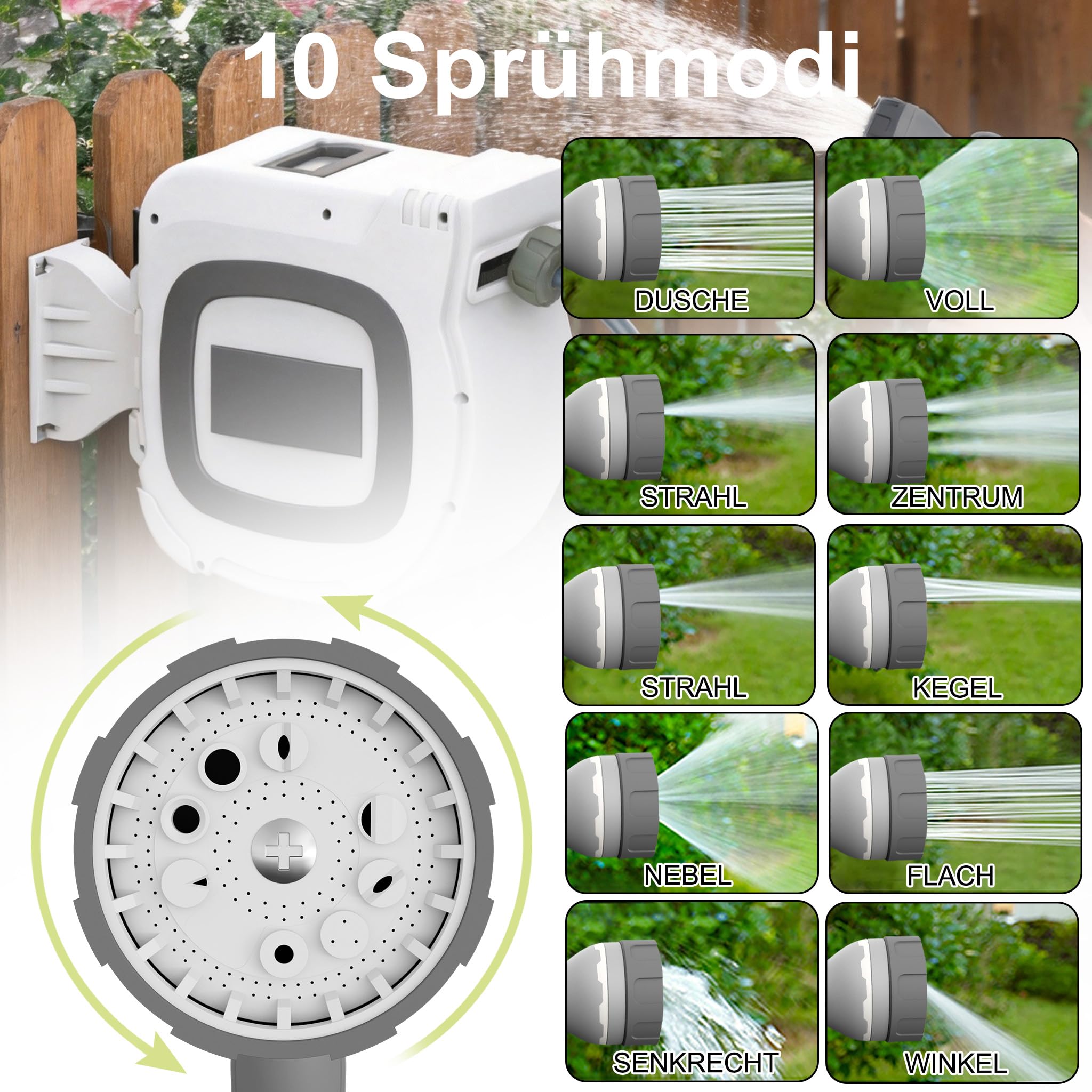 Aufun Wandmontage Schlauchtrommel 30M Gartenschlauch, Weiß | Schlauchaufroller mit Handbrause und Anschlüssen, Automatik-Aufrollung, 180° Schwenkhalterung, 10 Sprühmodi