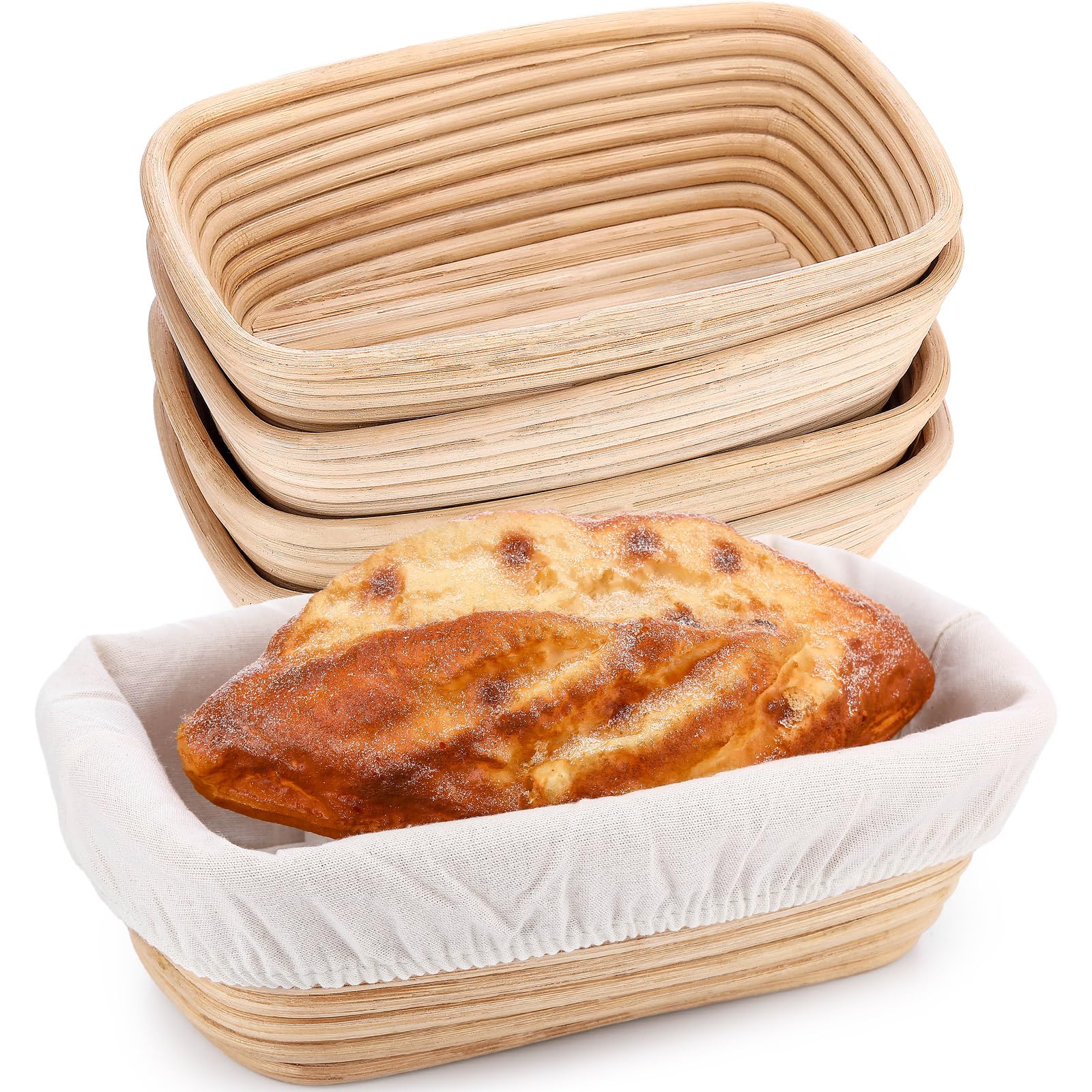Nuogo 4 Pieces 10 Inch Bread Banneton Proofing Basket Rattan Banneton Dough Proofing Bowls with Liners and Scatters for Home Sourdough Baking (