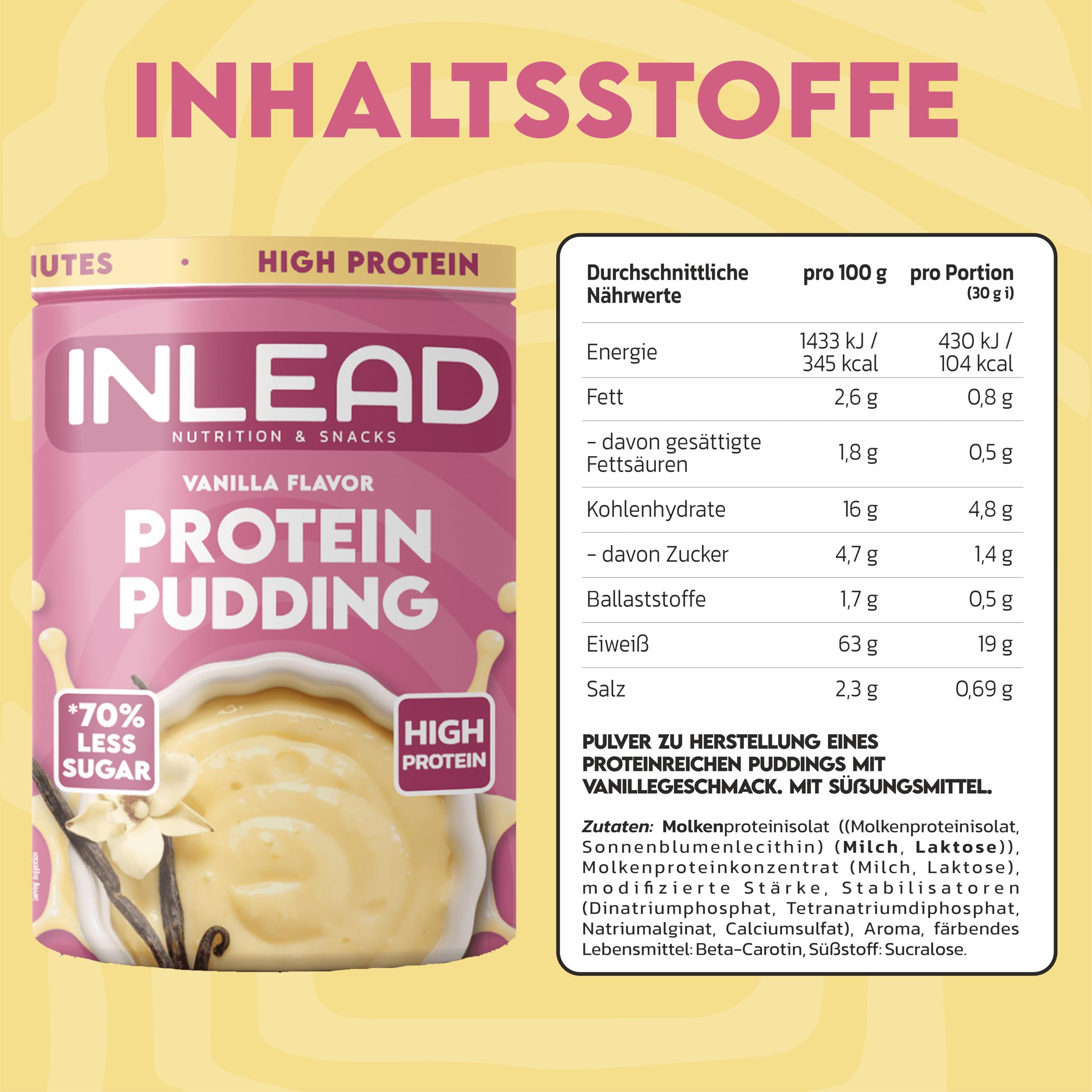 INLEAD - Protein Pudding - Schokolade | 20g Eiweiß pro Portion | 70% Weniger Zucker | Cremig & Lecker | Schnelle Zubereitung - Ideal für Fitness & Bewussten Genuss - 500g (Vanille - Vanilla)