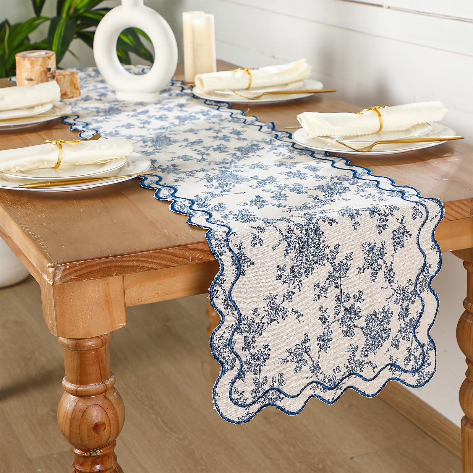Photo 1 of ***DAMAGED - SEE NOTES/PHOTO***Windkream 72 Inches Scalloped Edge Table Runner, Double Linen Fabric Table Runner Outdoor, Rustic Dining Decor for House Kitchen Coffee(Floral, Navy Blue)