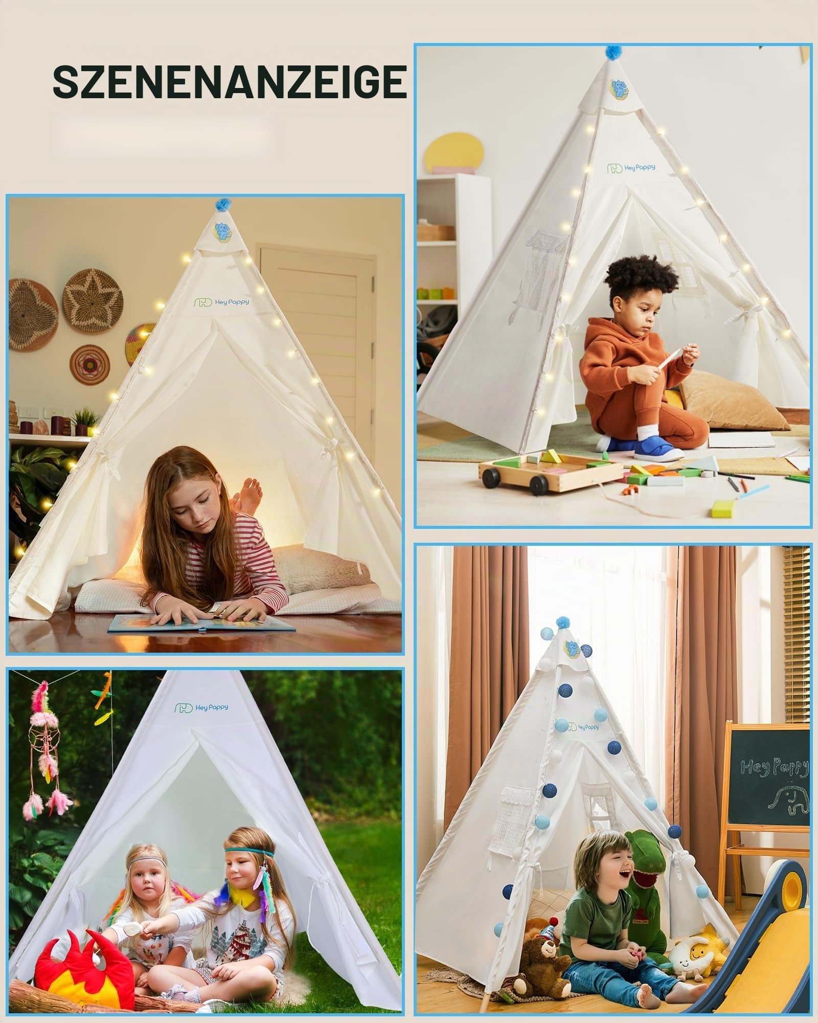 Heypappy Tipi Zelt für Kinder,Waschbares Tippi Kinderzelt Indoor inkl.Luftbett, Lichterkette & Ballons - Spielzelt für Drinnen/Draußen als Spielhaus für Mädchen/Jungen (Weiß)