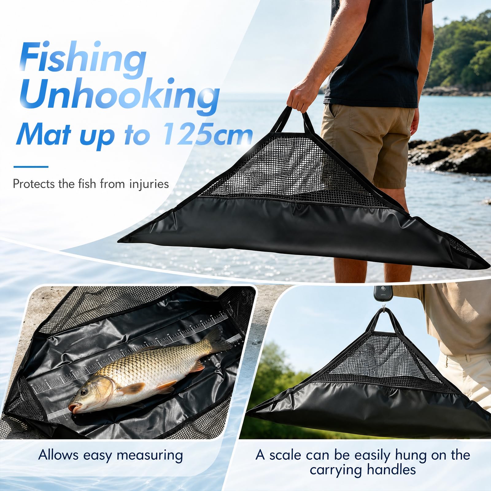 Abhakmatte-Angeln 4-in-1 Abhakmatte mit Maßband Wasserdicht Fischmatte Karpfensack Angelmatte mit Griffen Angelzubehör Angel Zubehör für Rotauge, Barsch, Karpfen, Brasen, Raubfisch