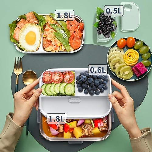 Miniatura 9 de Fiambrera eléctrica con calefacción para adultos con 2 contenedores de 1.8 L, interruptor de encendido y apagado y doble capa de 0.6 L, portátil de