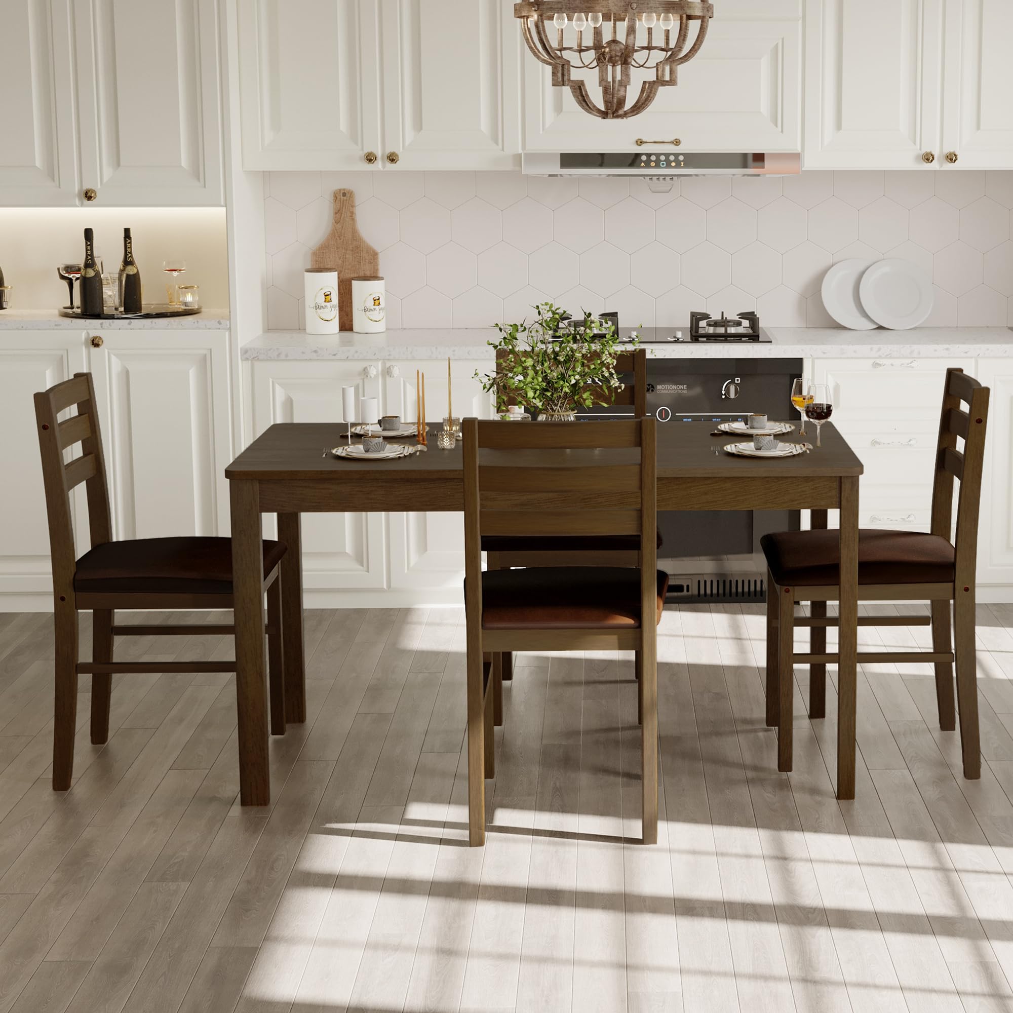 Photo 1 of *** MISSING CHAIRS AND ASSEMBLY PIECES ***Orweiin 5-Piece Solid Wood Indoor Modern Rectangular Dining Table Set for 4,Table and 4 Chairs Set with PU Leather Cushion for Kitchen,Bar,Living Room,Breakfast Nook,Brown