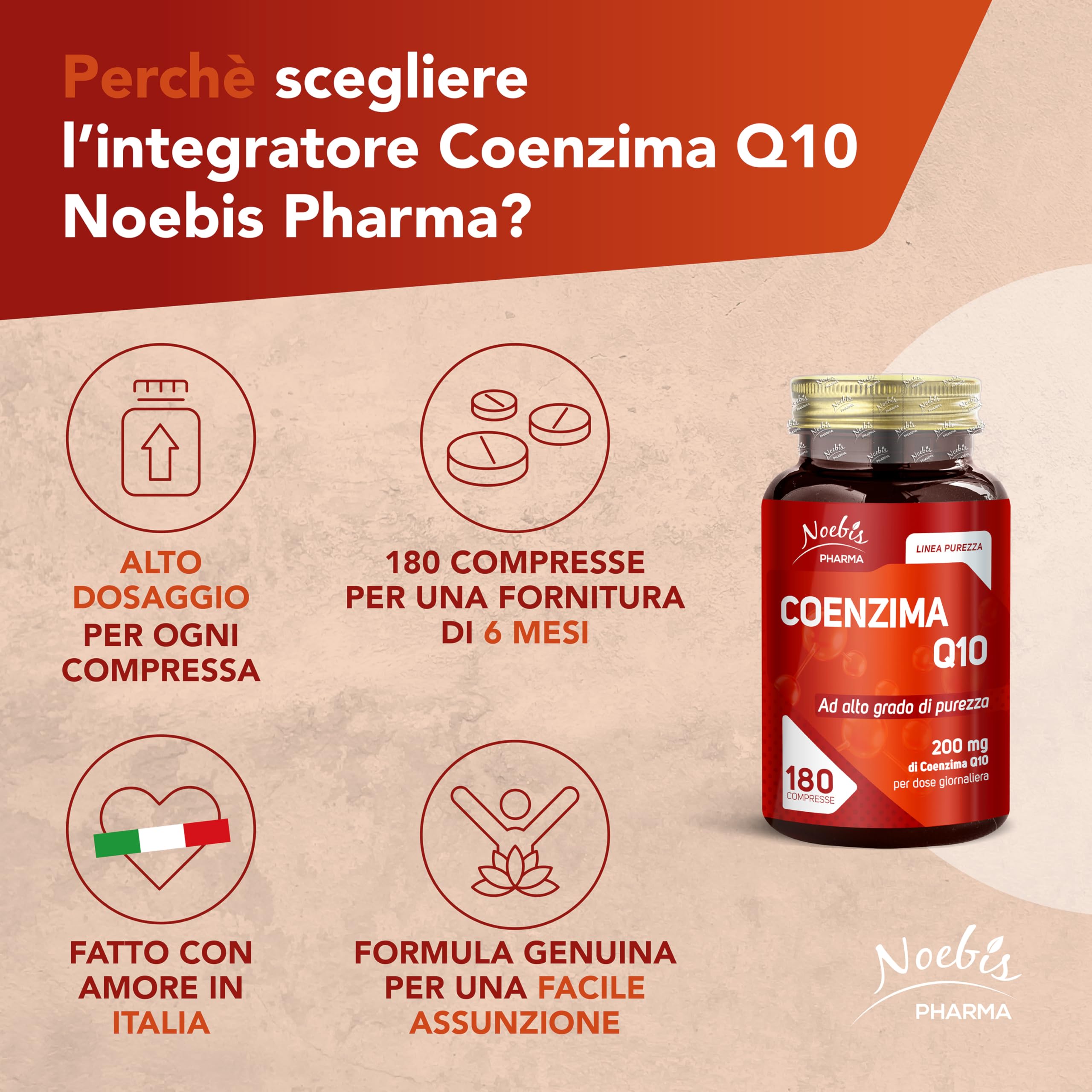 Coenzima Q10 200 mg Noebis Pharma – Alto Grado di Purezza – 180 Compresse – Integratore Q10, Vitalità ed Energia Cellulare – Supporto al Benessere – Made in Italy