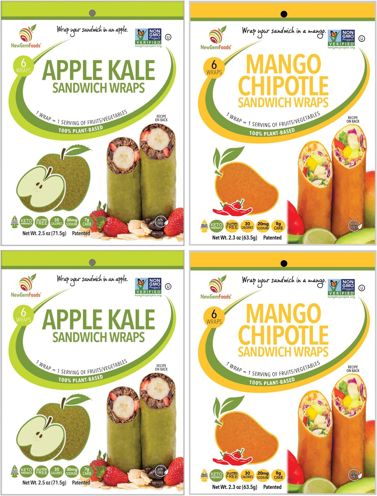 - Apple Kale & Mango Chipotle Sandwich Wraps (Four-Pack) – Variety Pack of Plant-Based, Gluten-Free, Low-Carb Wraps – Vegan, Non-GMO, Paleo Tortilla Alternatives for Healthy Eating