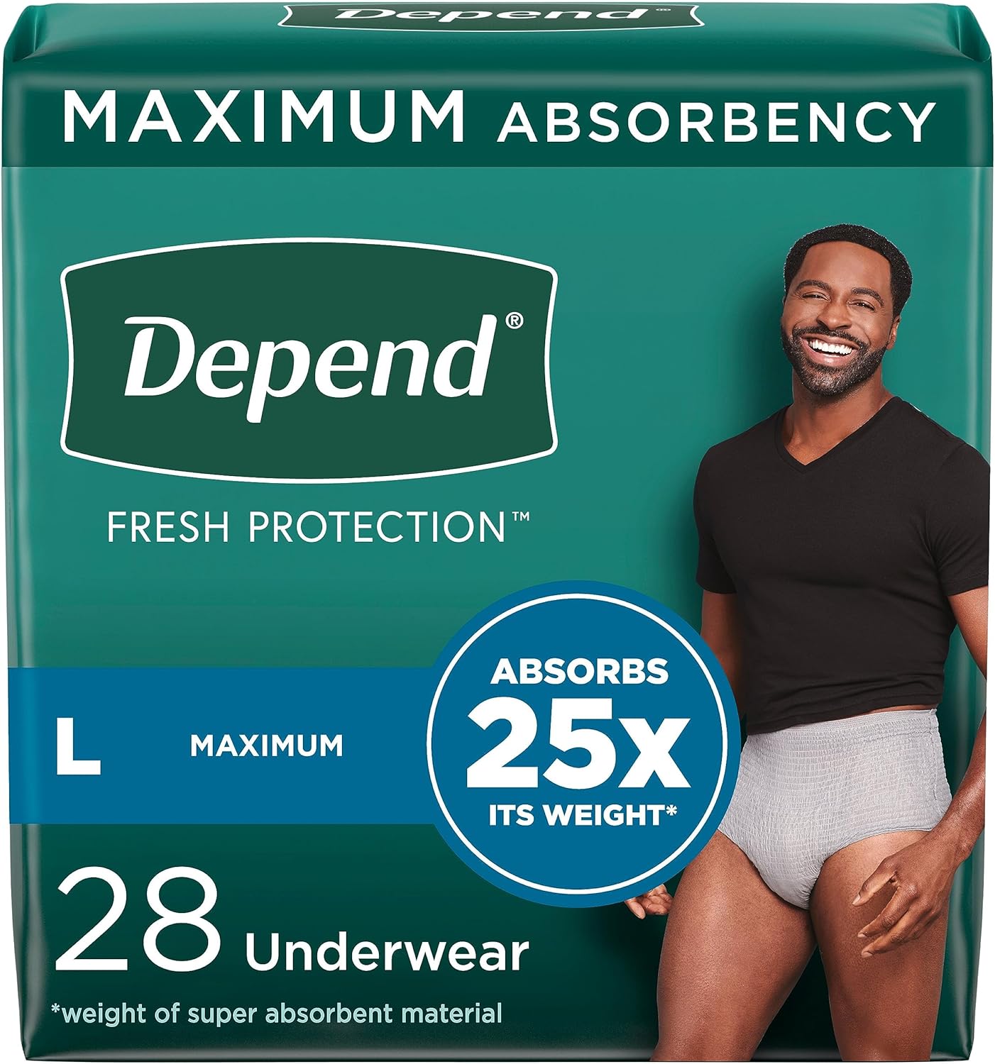 Depend Fresh Protection Adult Incontinence Underwear for Men, Disposable, Maximum, Large, Grey, 28 Count, Packaging May Vary Large 28