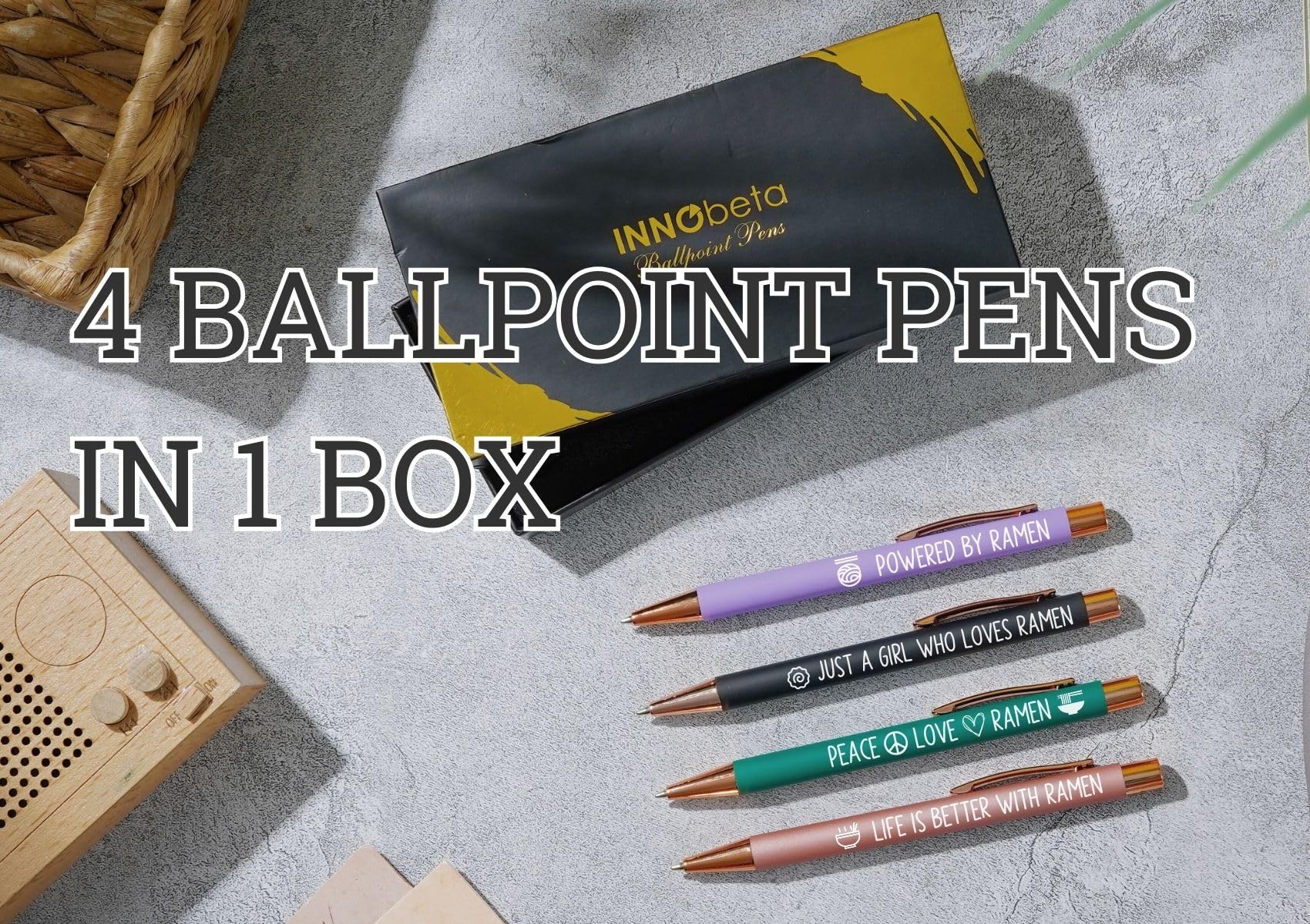 InnoBeta Ramen Gifts, Powered by Ramen, Japanese Gifts, Ballpoint Pen Set of 4