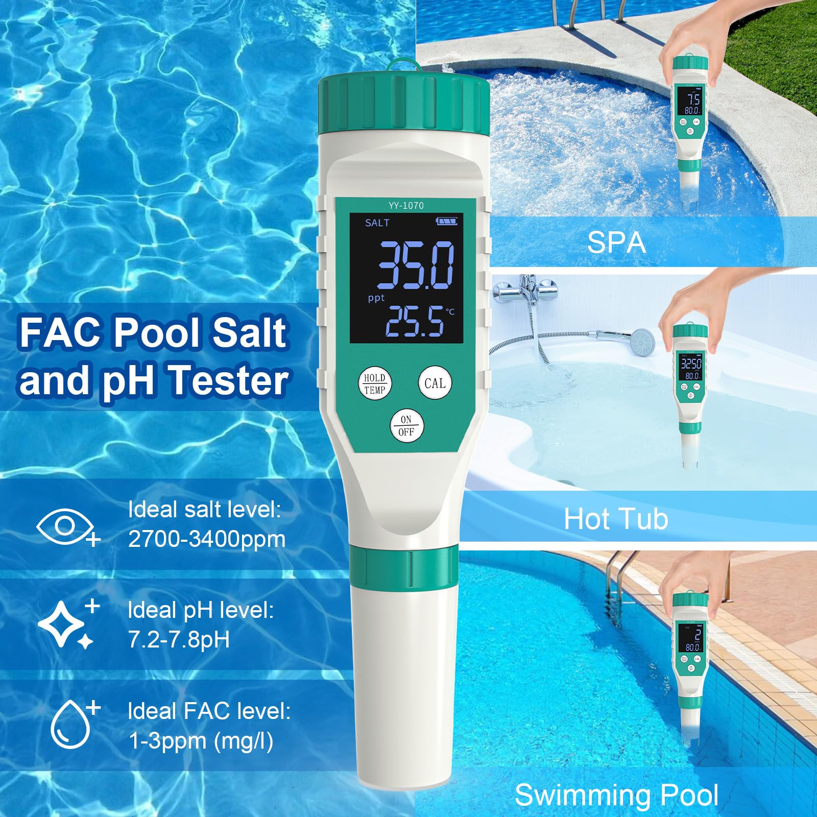 Misuratore di cloro e pH digitale per piscine | 7 in 1: misuratore di temperatura di cloro pH TDS EC ORP per acqua salata piscina, acquario. Alta precisione con ATC