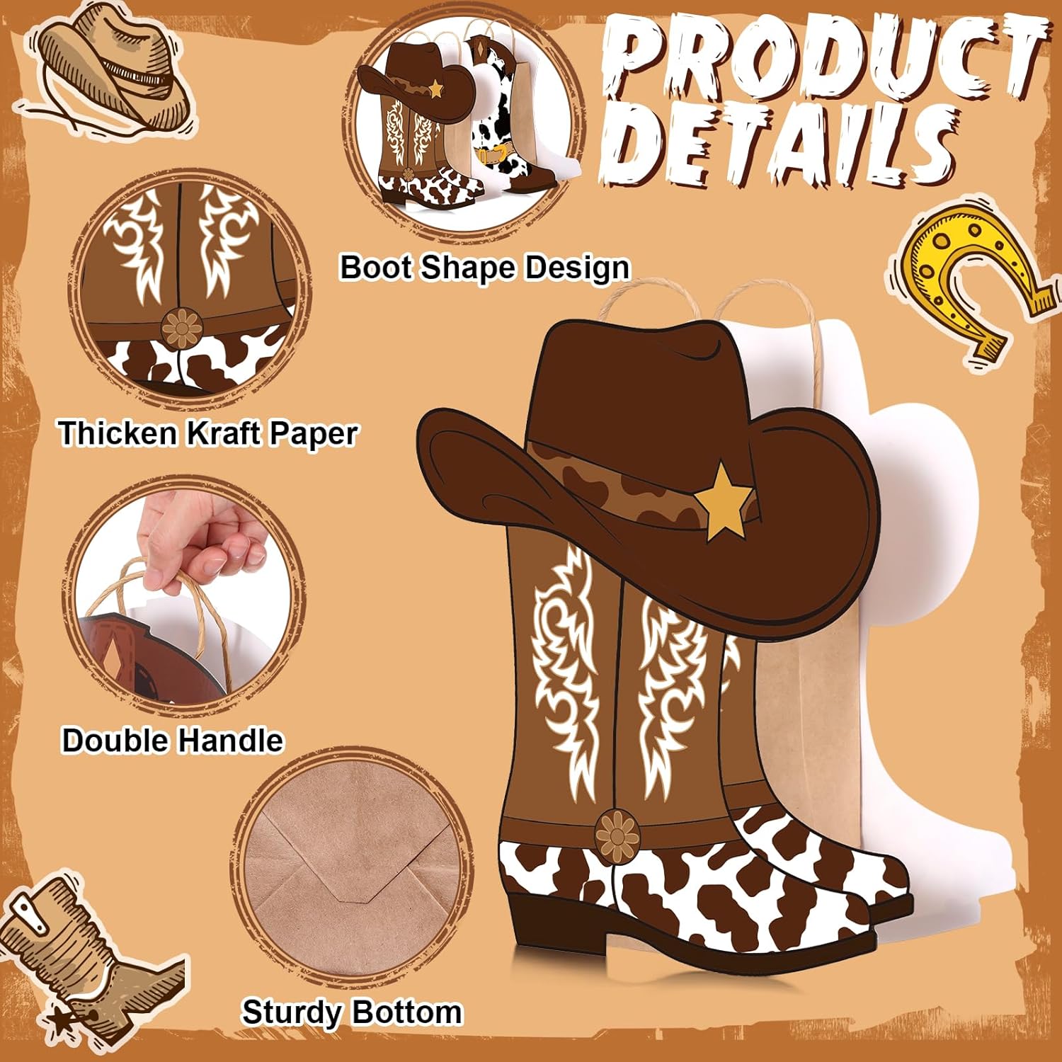 Mooliwe 16 Pcs Cowboy Cowgirl Boots Paper Bags Western Theme Birthday Party Decorations Favors Wild West Kraft Gift Bag Cowboy Cowgirl Bachelorette Rodeo Party Supplies(Brown D,Cow)
