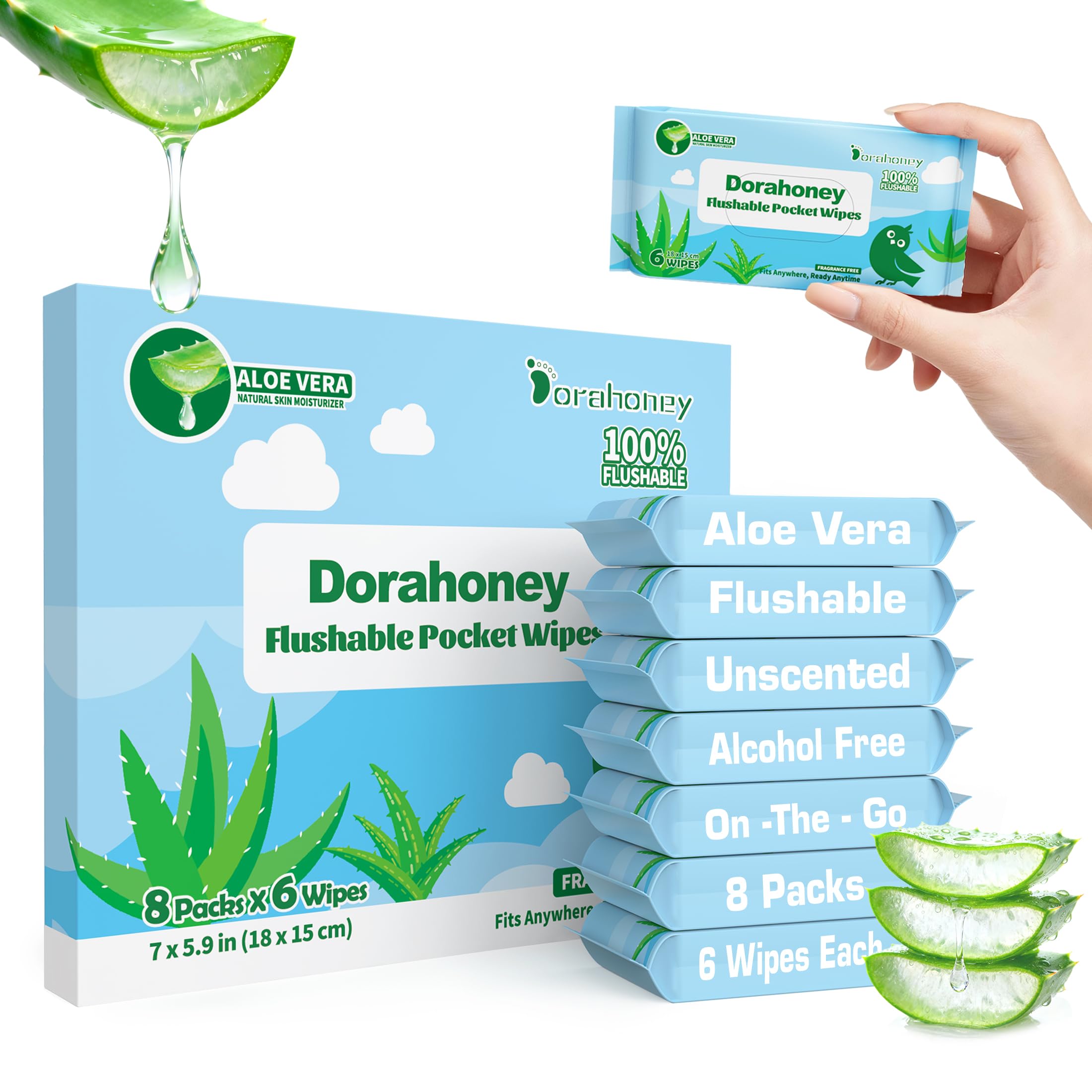 Mini Feuchttücher Reisegröße, Feuchtes Toilettenpapier spülbar mit Aloe Vera, unparfümiert, 99% Wasser, Hypoallergen für Empfindliche Haut, Kleine Päckchen Feuchttücher Unterwegs, 8er Pack (48 Tücher)