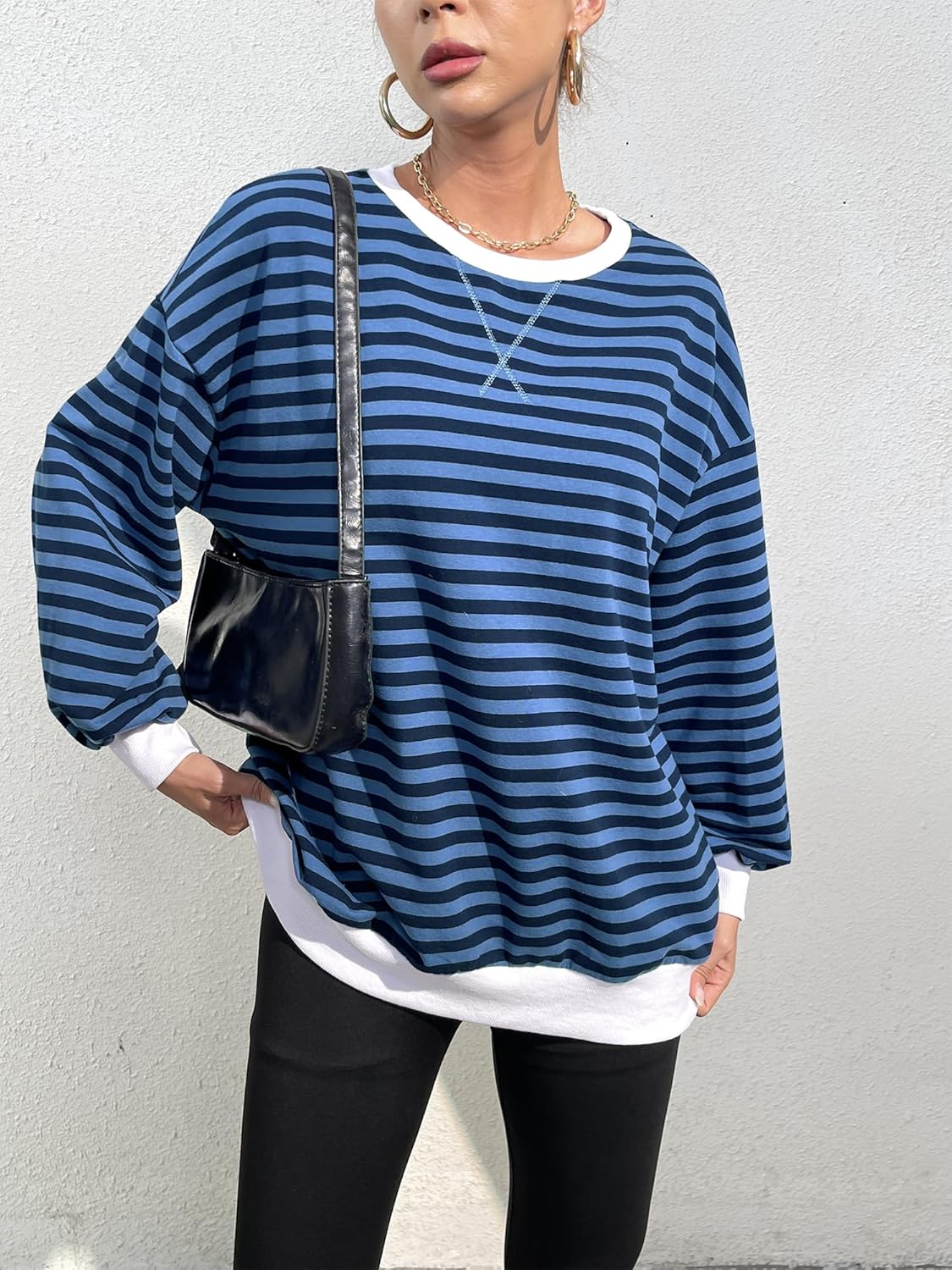 HDLTE Womens Oversized Striped Sweatshirt Crewneck Classic Color Block Long Sleeve Casual shirt Fashion Loose Pullover Tops - Image 3