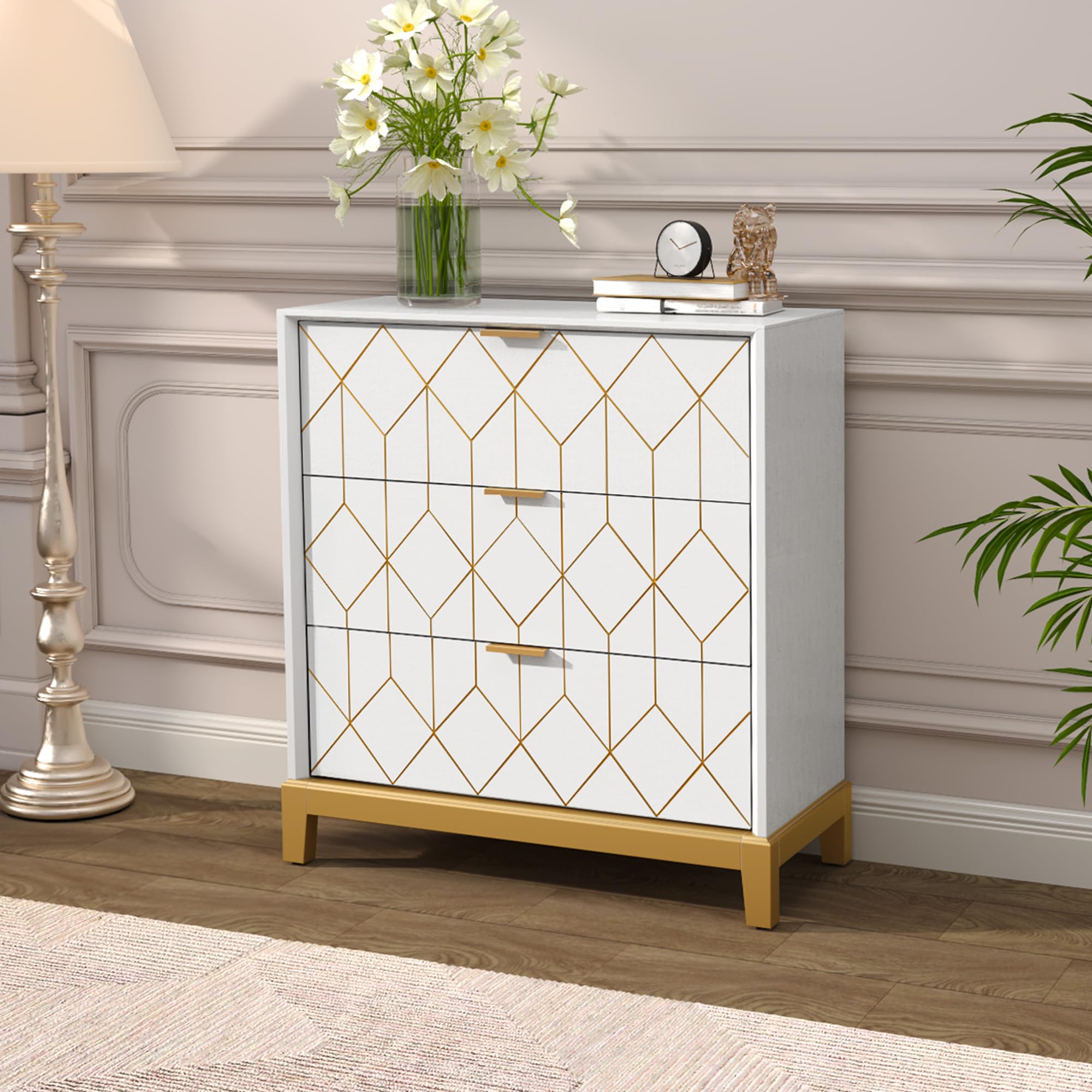 HLR 3 Drawer Dresser for Bedroom, Modern Wood Chest of Drawers with Gold Trim, Accent Dresser Storage Tower, White Organizer Cabinet for Closet,