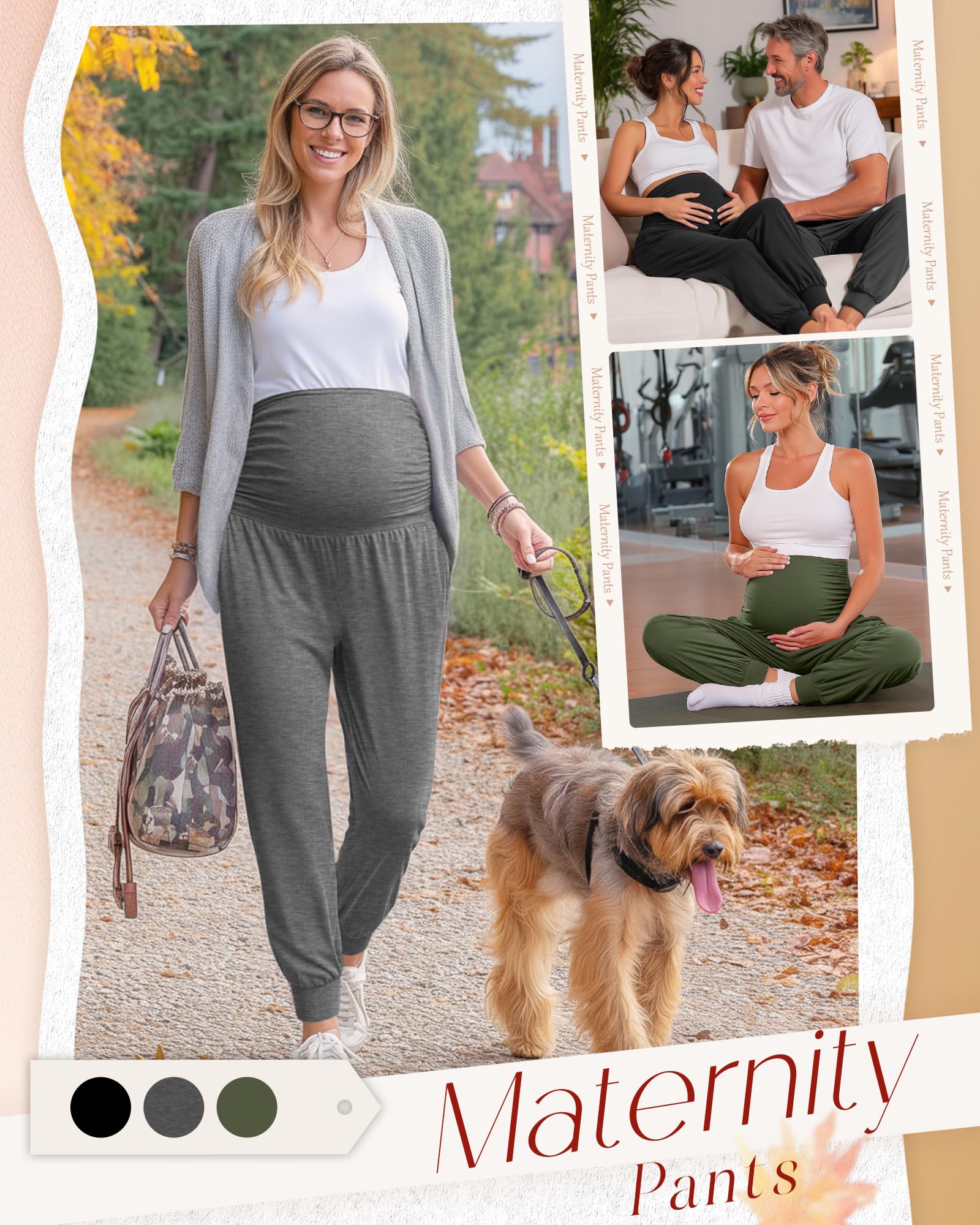 Neer Confezione da 3 pantaloni da jogging premaman sopra la pancia, elasticizzati, per la gravidanza, con tasche, invernali