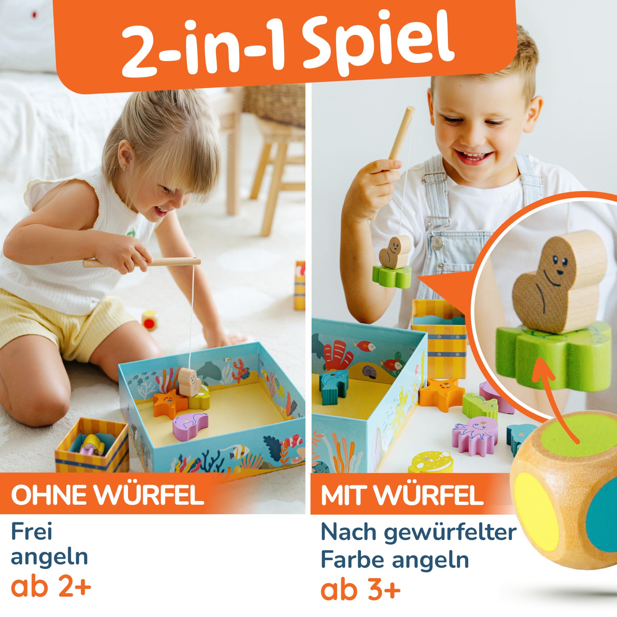 Merle Toys® Magnetisches Angelspiel ab 2 Jahre, 100% FSC, Angelspiel aus Holz mit 2 Angelruten, Montessori Spielzeug ab 2 Jahre, Fische Angeln Spiel, Geschenk für Mädchen und Jungen
