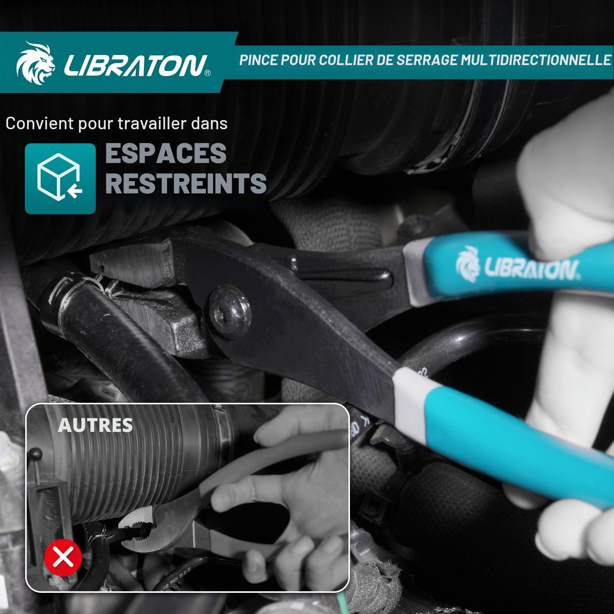 LIBRATON Pince à colliers de serrage multi-angle pour conduites de carburant et tuyaux de radiateur, pince de serrage de voiture pour les espaces étroits, pince pour colliers de serrage, outil de