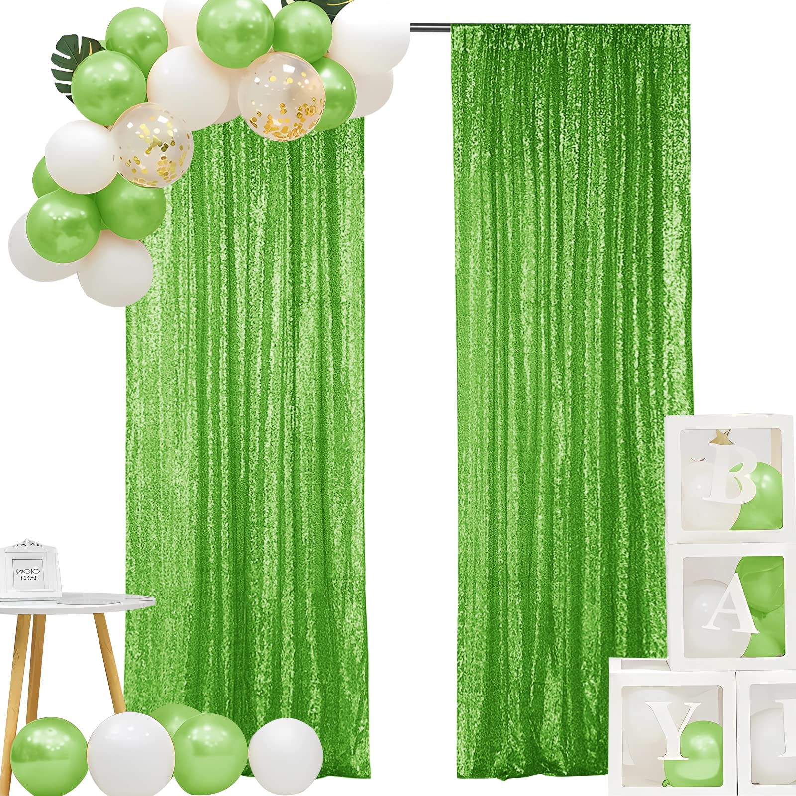 Hahuho Light Green Sequin Backdrop Curtain, 2PCS 2FTx8FT Glitter Backdrop Curtain for Parties, Christmas, Wedding, Banquet Decoration?2 Panels, 2FT x 8FT, Green?