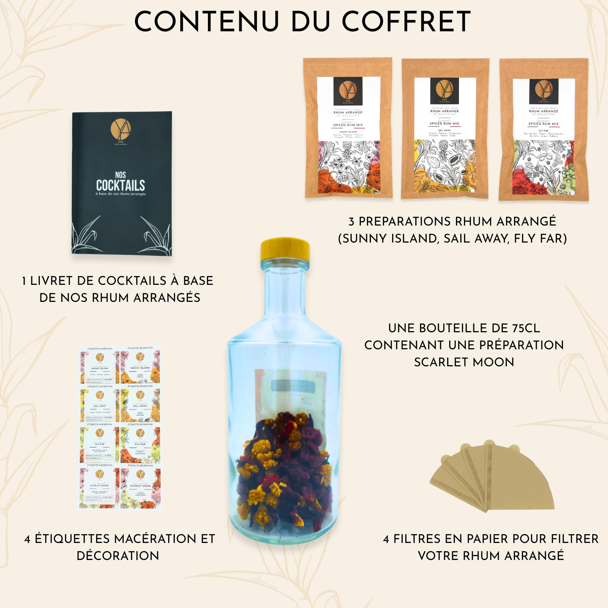 OYA - Coffret Rhum Arrangé Dégustation - Kit Cadeau Rhum avec 1 Bouteille 75cl, 4 Préparations Artisanales et Livret Cocktails - Idée Cadeau Anniversaire Homme, Fête des Pères