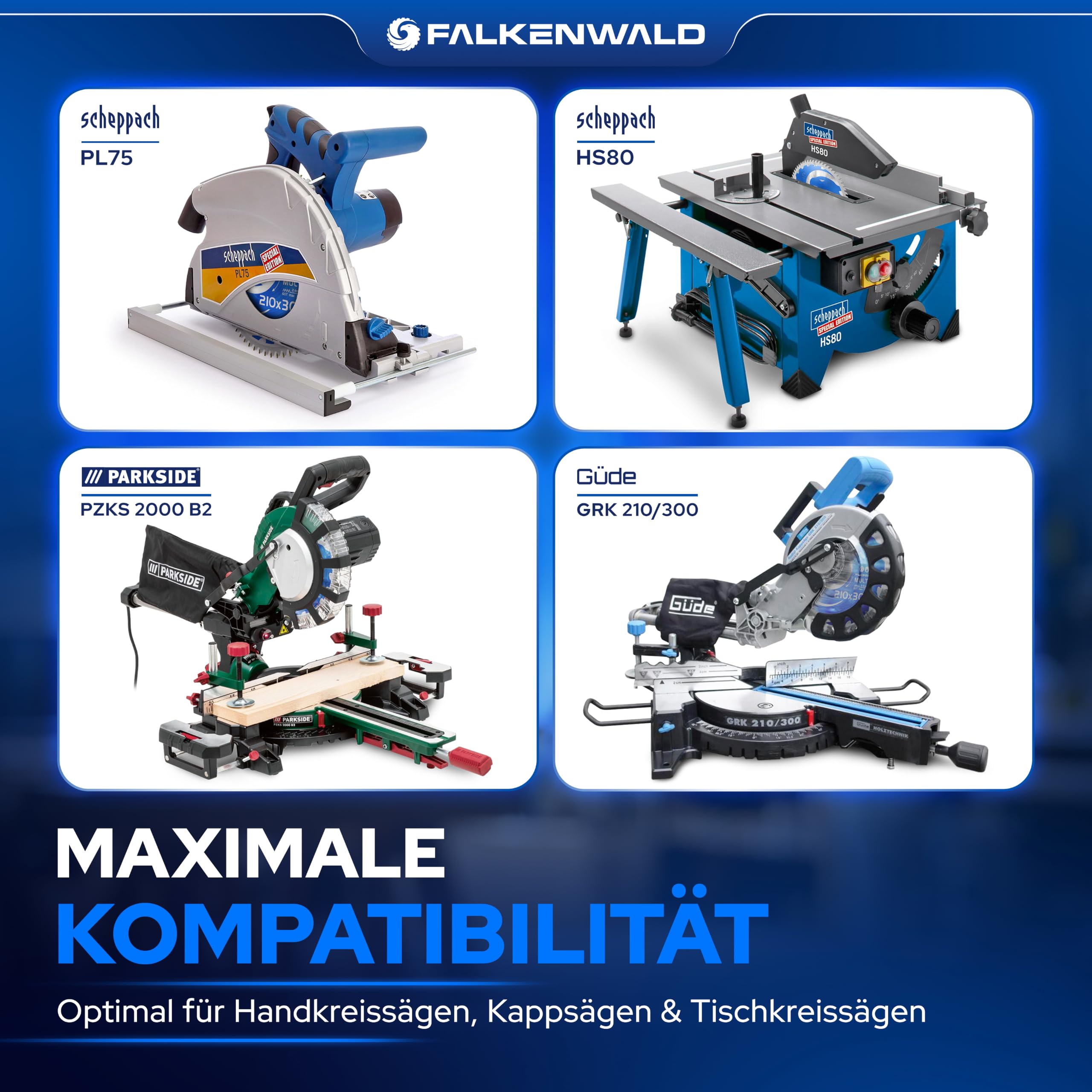 FALKENWALD ® Kreissägeblatt 210x30 mm - Ideal für Holz, Metall & Alu - Sägeblatt 210x30 kompatibel als Kappsägeblatt für Bosch & Makita - Multi Kappsägeblatt 210x30 - Sägeblatt 210