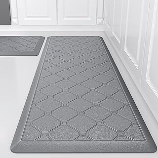 Kitchen Mats 2 PCS Cushioned Anti Fatigue Kitchen Rugs and Mat, 1/2 Inch Thick Waterproof Non Slip Kitchen Rug Set, PVC Non Skid Comfort Cushion Mat for Kitchen Floor Sink Office Laundry, Grey
