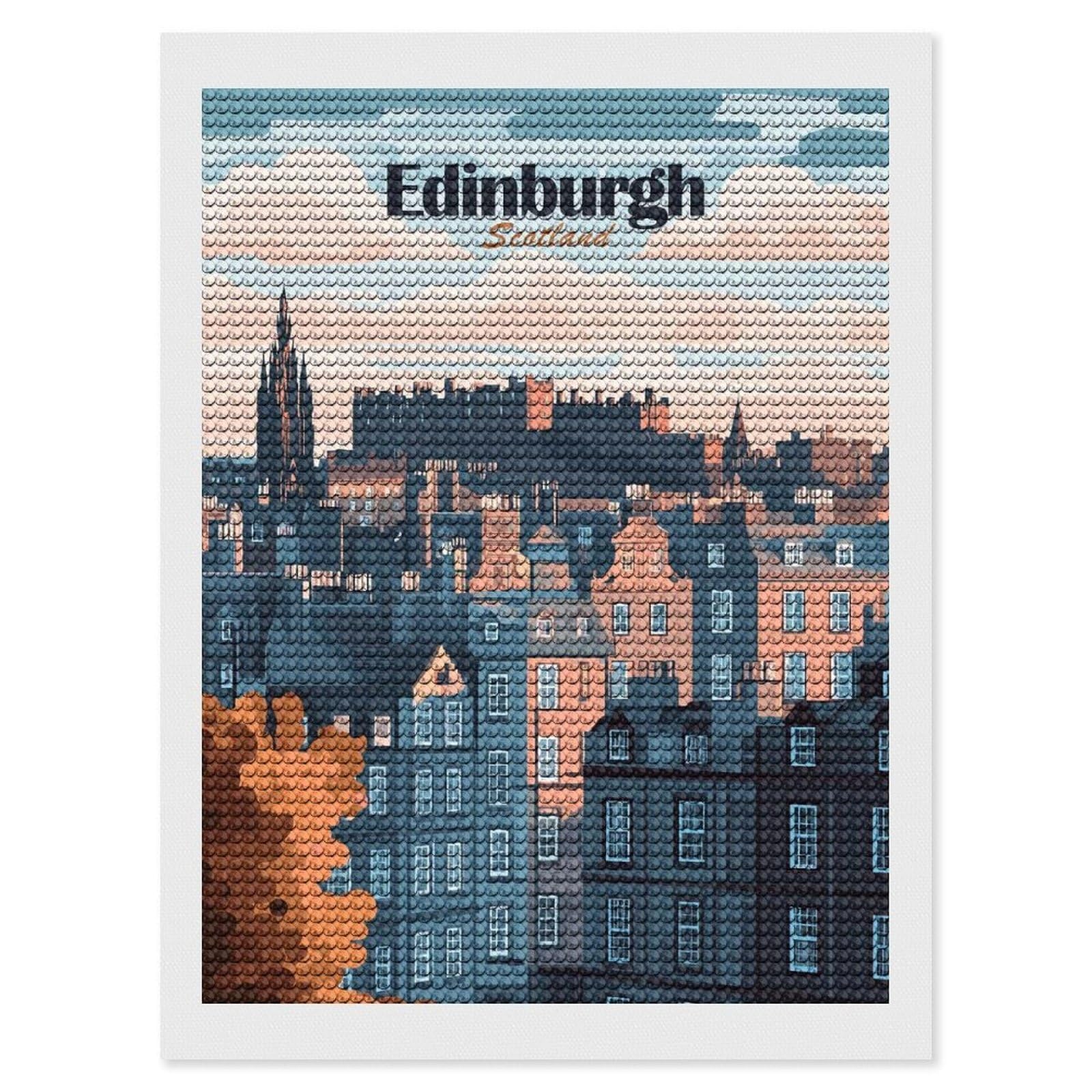 Junmoney Edinburgh, Scotland Cityscape Illustration Diamond Art Kit 12"x16", Creative Leisure Activity, Complete Accessories, Vintage Style Decor, for Women