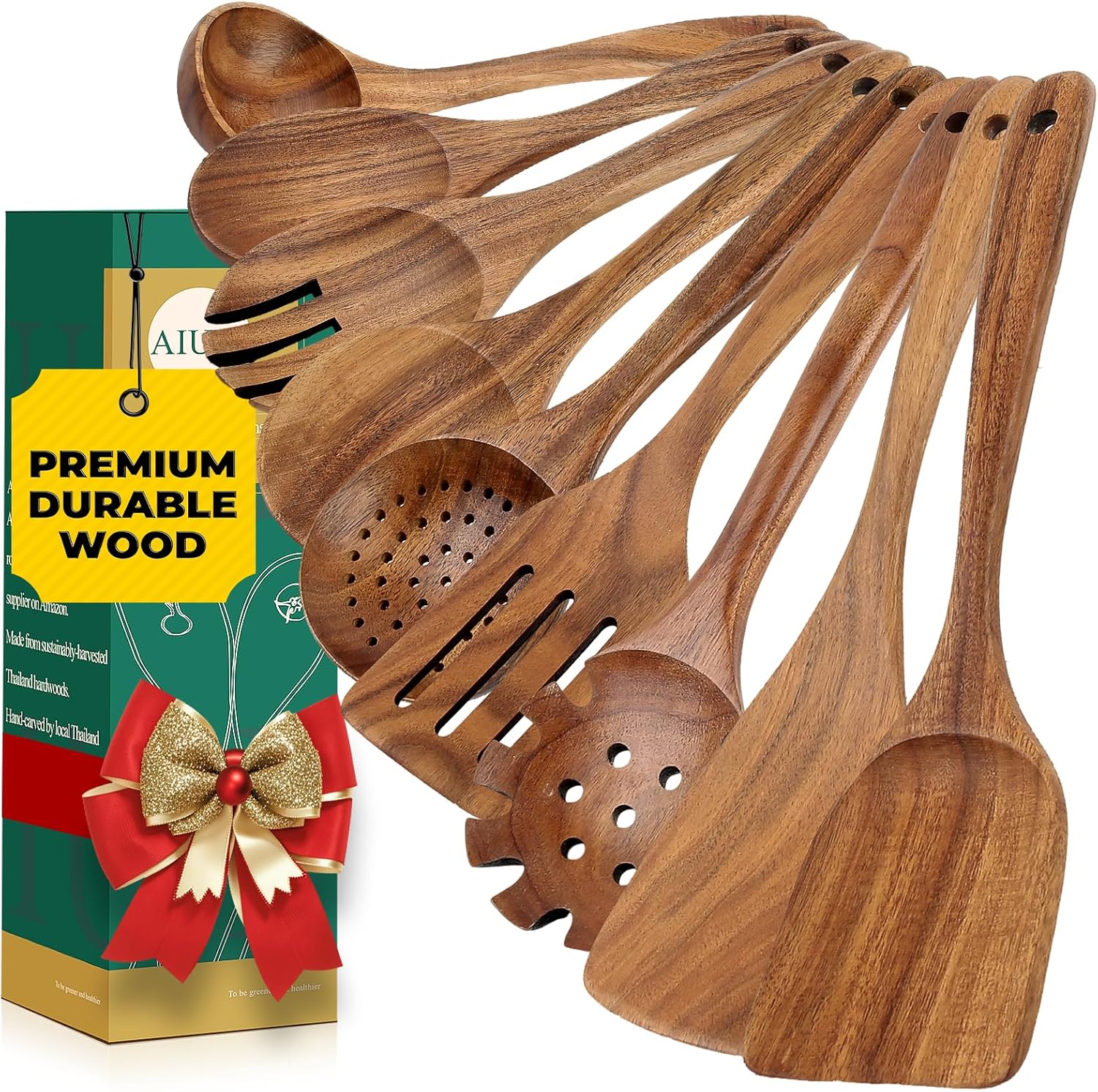 AIUHI Teak Wood Kitchen Utensil Set, 11PCS Wooden Spoons, Spatulas, Turner & Flipper for Non-stick Cookware