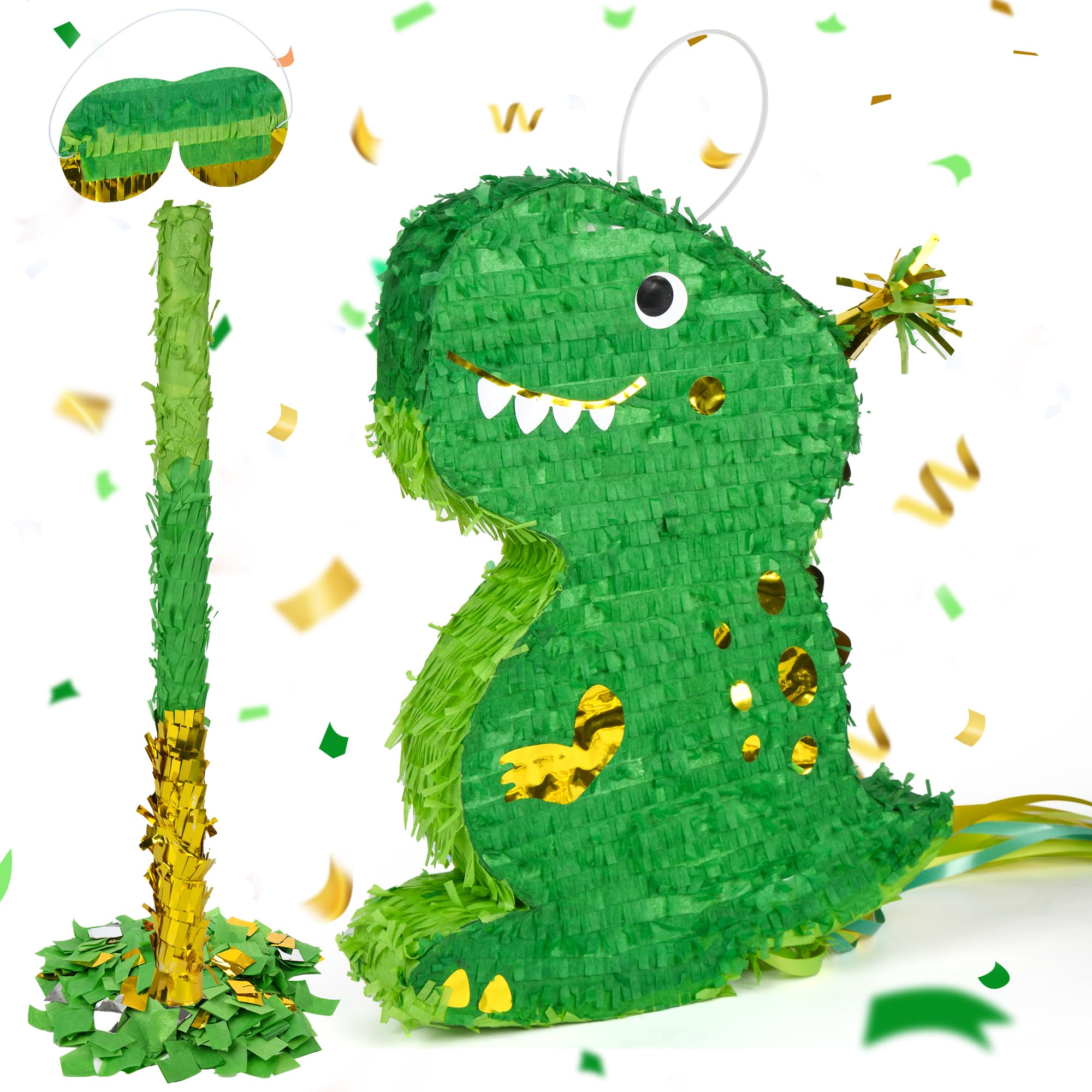 Paquete de piñata de dinosaurio pequeño con venda, murciélago y confeti (16.5 x 12 x 3 pulgadas), perfecto para fiestas de cumpleaños, fiestas temáticas de animales, decoraciones